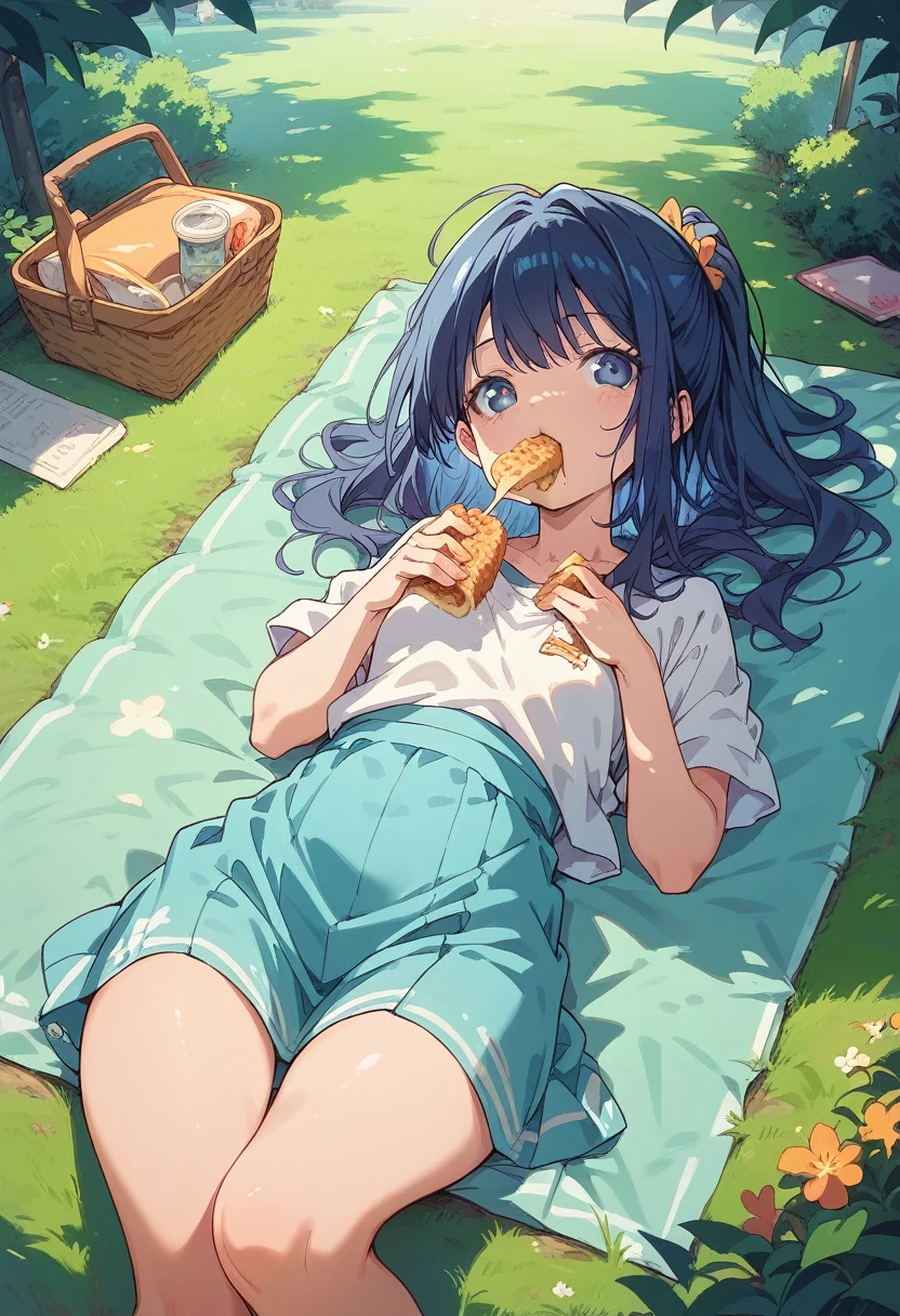 Rikka Takanashi, lying on a towel, a park, sunny day, eating