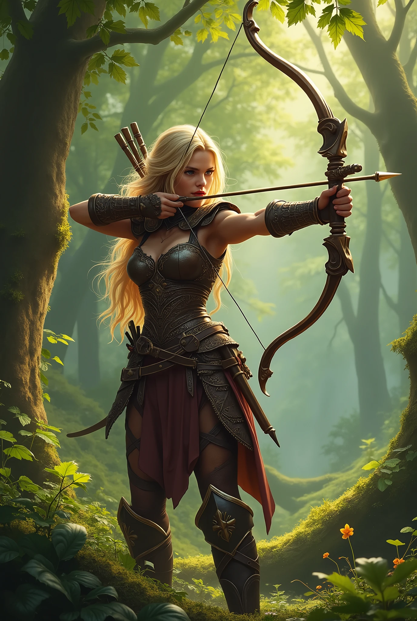 (masterpiece, photorealistic:1.4, extremely intricate:1.3), (photon mapping, radiosity, physically based rendering, ultra resolution, hyper-realistic, photorealistic:1.4, hyper-realistic, 8K), World of Warcraft (((blonde buxom human, leather armor, aiming longbow))) green ranger