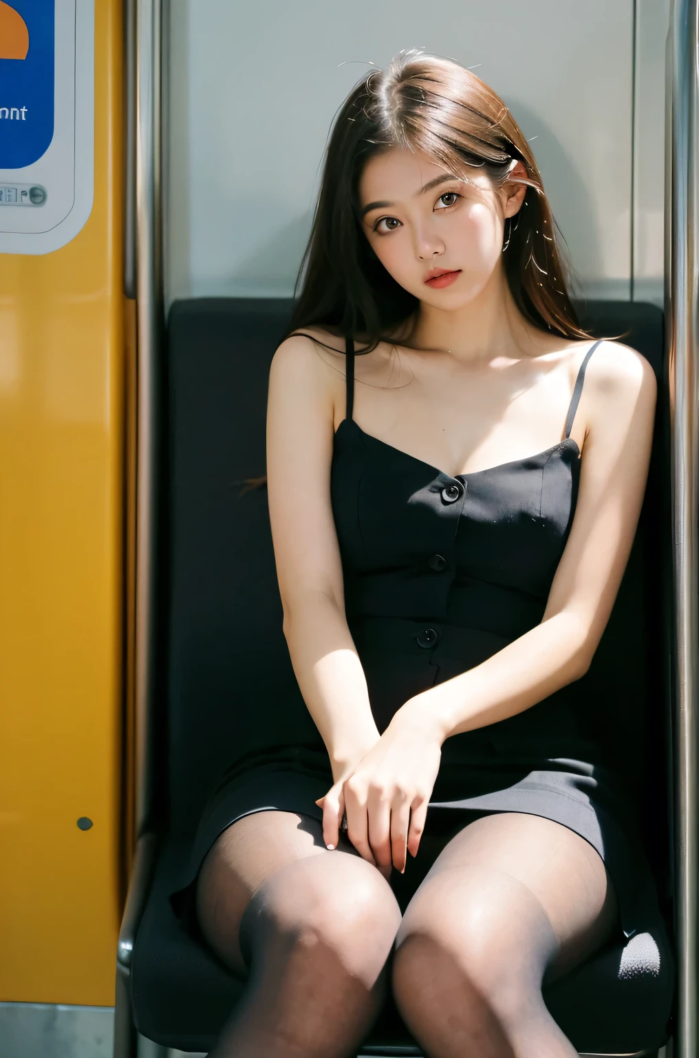 (masterpiece, Highest quality, 8K, RAW Photos, beautifully、aesthetic:1.2), Intricate details, indirect lighting, Realistic,
whole body, Sitting on a chair on the train、Staring at the viewers、Voyeur、
Square neck button-down linen sundress, (Ultra-realistic pantyhose)、
Training women , Chair to sit under skirt,