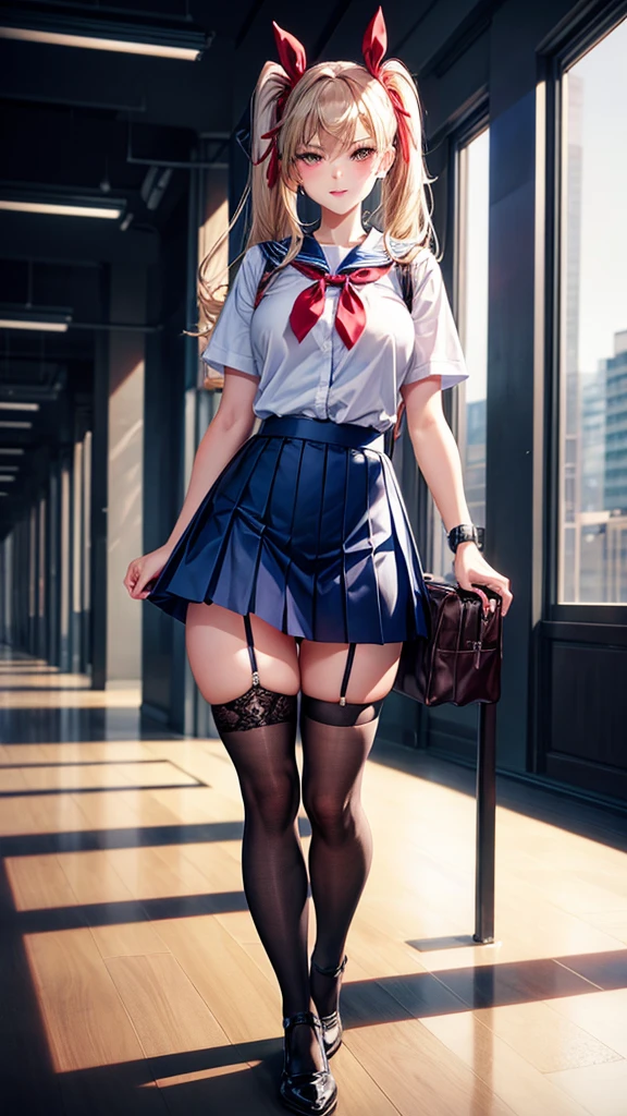Pose: very slender woman standing with one leg slightly bent at the knee, hands on her waist or one hand on her hip and the other hanging loosely.
Expression: Confident and strong, with a direct gaze or a slight smirk.
Attire: Blue Sailor School uniform, blue pleated skirt, white thigh high lace stocking
Hair: pigtails tied with a red ribbon
Makeup: simple, with emphasis on strong eyes or bold lips to match the confident pose.
Background: school hallway,
Lighting: Dramatic dimmed lighting with highlights and shadows that accentuate the body’s curves and the bend in the knee.
Accessories: school bag in hand
Mood: Bold, fashionable, and empowered.