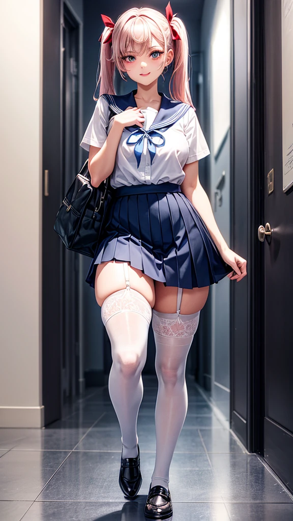 Pose: very slender woman standing with one leg slightly bent at the knee, hands on her waist or one hand on her hip and the other hanging loosely.
Expression: Confident and strong, with a direct gaze or a slight smirk.
Attire: Blue Sailor School uniform, blue pleated skirt, white thigh high lace stocking
Hair: pigtails tied with a red ribbon
Makeup: simple, with emphasis on strong eyes or bold lips to match the confident pose.
Background: school hallway,
Lighting: Dramatic dimmed lighting with highlights and shadows that accentuate the body’s curves and the bend in the knee.
Accessories: school bag in hand
Mood: Bold, fashionable, and empowered.