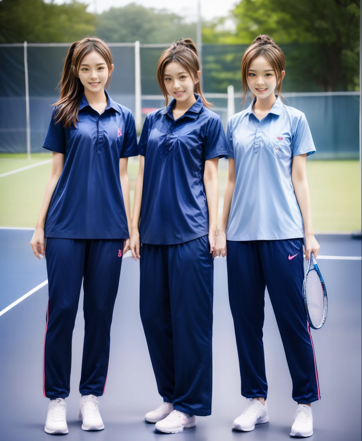 3 girls play tennis at tennis courts, Navy blue short-sleeved shirt,Navy Long Trackpant,Sweatpants, Sweatpantsขายาว,25 year old girl, lesbian, sexy, exercise clothes, wet body, exercise clothes