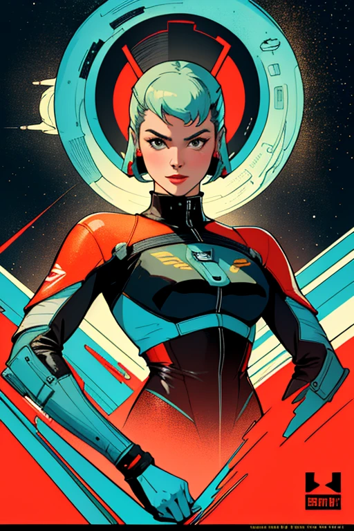 (Masterpiece, Best Quality), 8k Wallpaper, highly detailed, vintage science fiction, 1960s, sexy female space thriller cinematic movie poster, Bauhaus, shapes, lines, abstract, propaganda, mid century modern, movie poster, vintage,