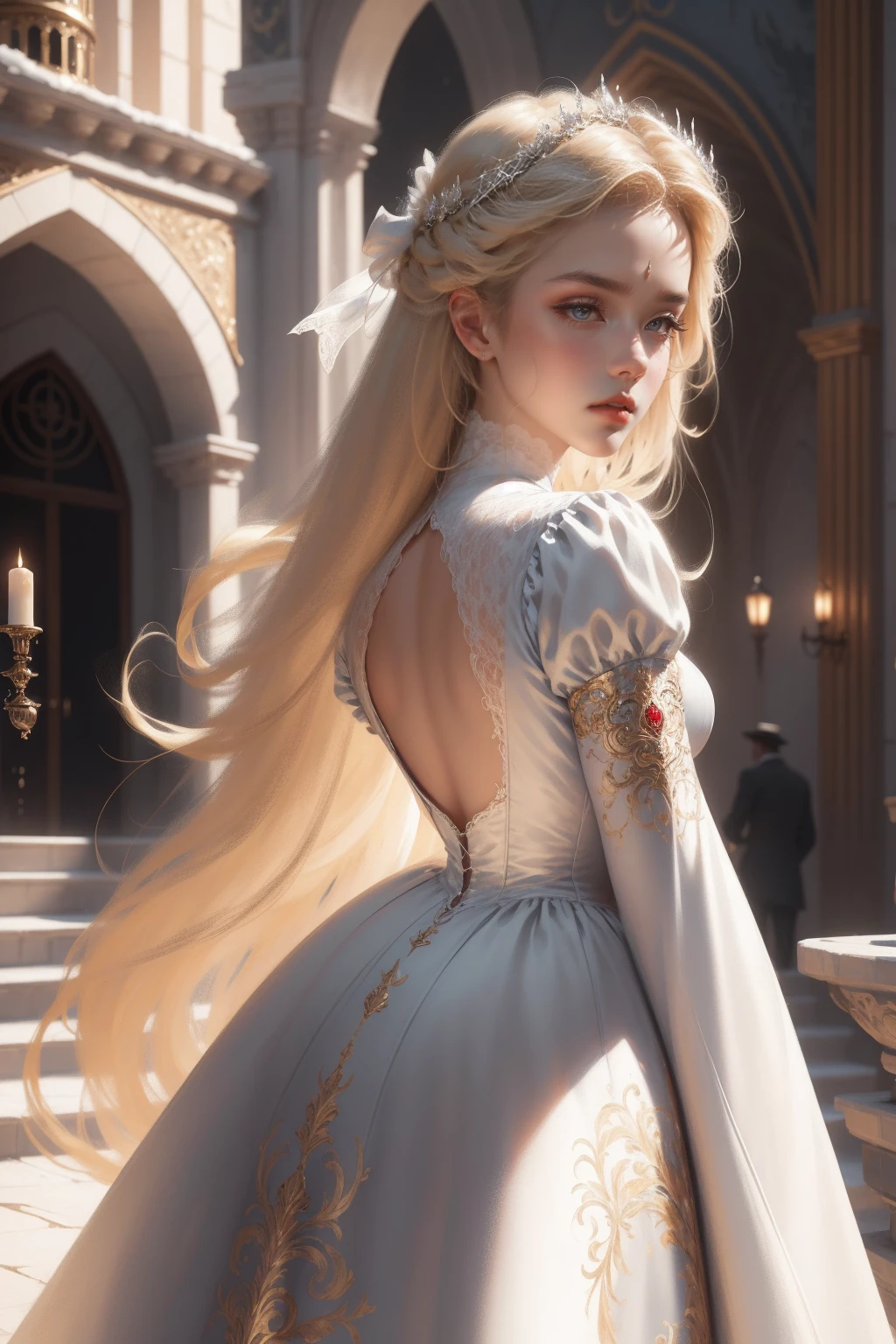 (Masterpiece - Ultra-detailed, very high resolution) Prepare to be enchanted by a true masterpiece that combines ultra-detailed art with high-resolution rendering. This work depicts a mesmerizing woman with very long blond hair (1.3) and captivating gray eyes (1.2), emanating an aura of elegance and mystery in Victorian settings. The intricate details and realistic textures invite you to explore every aspect of this enchanting composition. Woman wearing beautiful classic Victorian costume from the year 1878. Red lipstick. Happy face. Smiling. white (white) dress. Walking, backwads, looking back, dynamic poses. Get ready to dive into a world where beauty and craftsmanship merge perfectly.