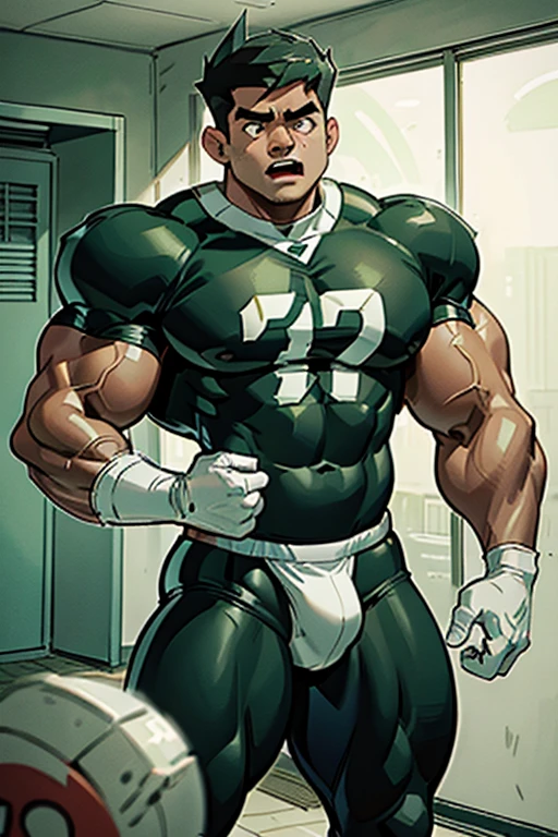 Danny Phantom, ghost, hypnosis, jock, conversion, locker room hallway, hyper muscles, jockstrap, bro, meathead, hypnotized, brainwashed, brainwashing, big dumb jock, football. Danny Fenton is hypnotized by Dash to assimilate and become another dumb cocky smirking fitness-obsessed bodybuilder football jock bro. Glowing green eyes. Hyper crotch bulge. Massive bulging crotch. Big balls. Big biceps. Big triceps. Big traps. Broad shoulders. Big meaty pecs. Big thighs. Thick glutes. Football team assimilation. Black hair. Deep dull voice. glazed expression. dumber and dumber. Open mouth. Clothes turning into a football uniform. Forgetting. Number 16 on his football uniform. IQ drain. Mindless. Brainless. Brute. Brutification. "I feel like I ... I ... I'm a ... I'm a .... Yes, ... just a meathead jock.... just muscle ... and meat.... Bro.... I am a meathead.... I am a bro.... I am a jock.... I am a meathead.... I am a bro.... I am a jock.... Anything you say, Dash.... Obey ... the QB.... I am a jock. I am a meathead.... I obey ... my QB. Big meat. Dumb bro. Jock meat ... must grow.... Run fast.... Think ... slow...."