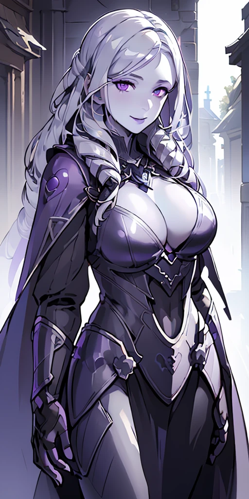 (chest covered)(smile)Gray skin, pale golden hair and violet eyes. They prefer clothing of white and silver with cloaks of deep blue or purple,village background, huge_knockers, ((very precise detailed)), ((highres)