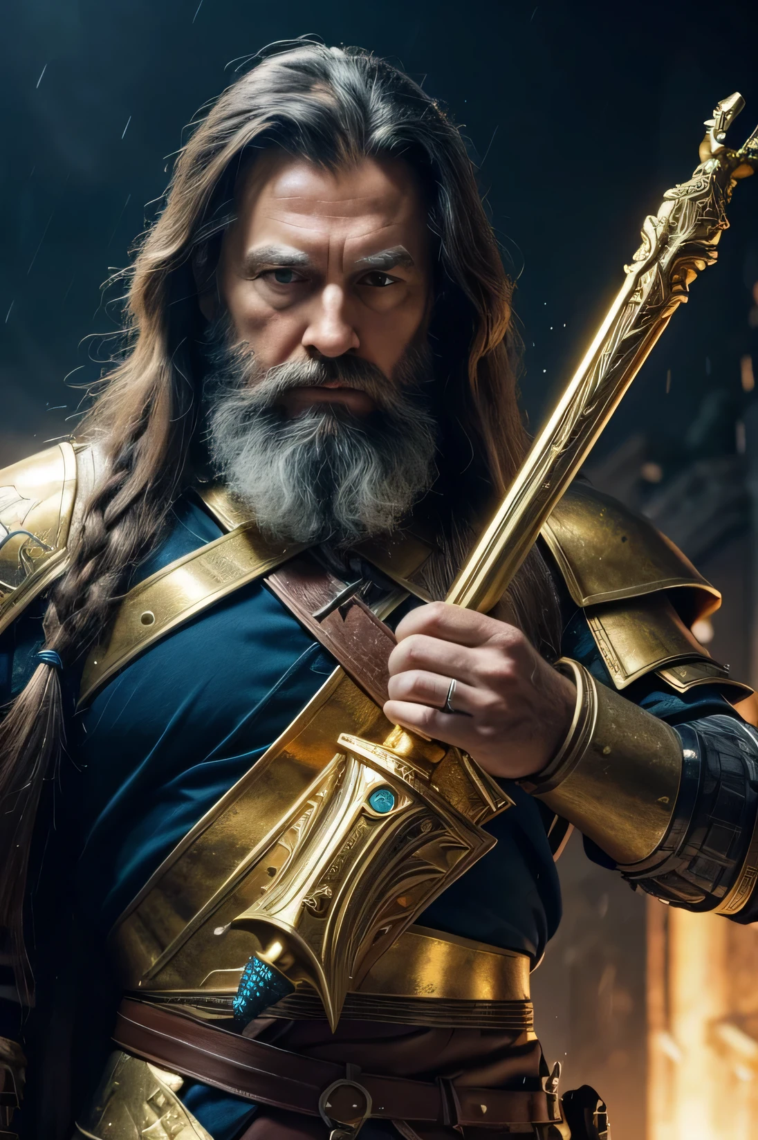from above, An old man with long hair and a beard, holding a golden scepter, dressed in blue with gold armor, stabbed by a sword at the end of the world, in the evening, commission for, realistic image, ultra realism, perfect details. very realistic, 4k, ALREADY. very detail, Hyper maximalis, fantasy, Badass, very detail, lightning and rain,