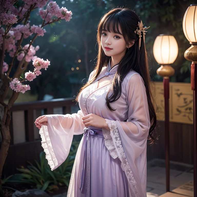 best quality, Delicate face,beautiful visual work, lifelike, eternity, black hair, Long curly hair, blunt bangs, Smile, Detailed Background, Delicate face,blush,cold,((masterpiece))、(top quality)、8k、high detail、Super detailed,21 years old female,Wearing Tang Dynasty Hanfu、waist skirt, Clothes are light and fluffy,Hanfu, wide sleeves, Transparent sleeves, Tunic, Clothes made of chiffon, Seductive and whimsical style、masterpiece、born、Scenes resembling fairy tale illustrations、Intricate details and complex designs、Beautifully、magic、capricious、 Beautifully、Dream aesthetics、「𝓡𝓸𝓶𝓪𝓷𝓽𝓲𝓬、ethereal、charming、fickle、magic」、Realism、Visual effects、FXAA、SSAO、Shaders、voiceless、ambient lighting、Tone mapping、High resolution、Ultra high quality、Million pixels、(8K resolution:1.10)、8k、Below 8K、8K resolution、high detail、intricate details, (high quality:1.2、masterpiece:1.2、:1.21)、(21 years old female:1.21)、(Smile excitedly)、(full-body shot,Normal 2 feet,Put your hands behind you,The protrusion of the breast is visible when wearing clothes, Large Breasts, H cup chest, antiquity, Xian Xia, gauze clothes, Soft and fluttering, Fairy, dream, fantasy, light, elegant, nature, Immortal, romantic, classical, ribbon, light purple clothes, In the Chinese palace