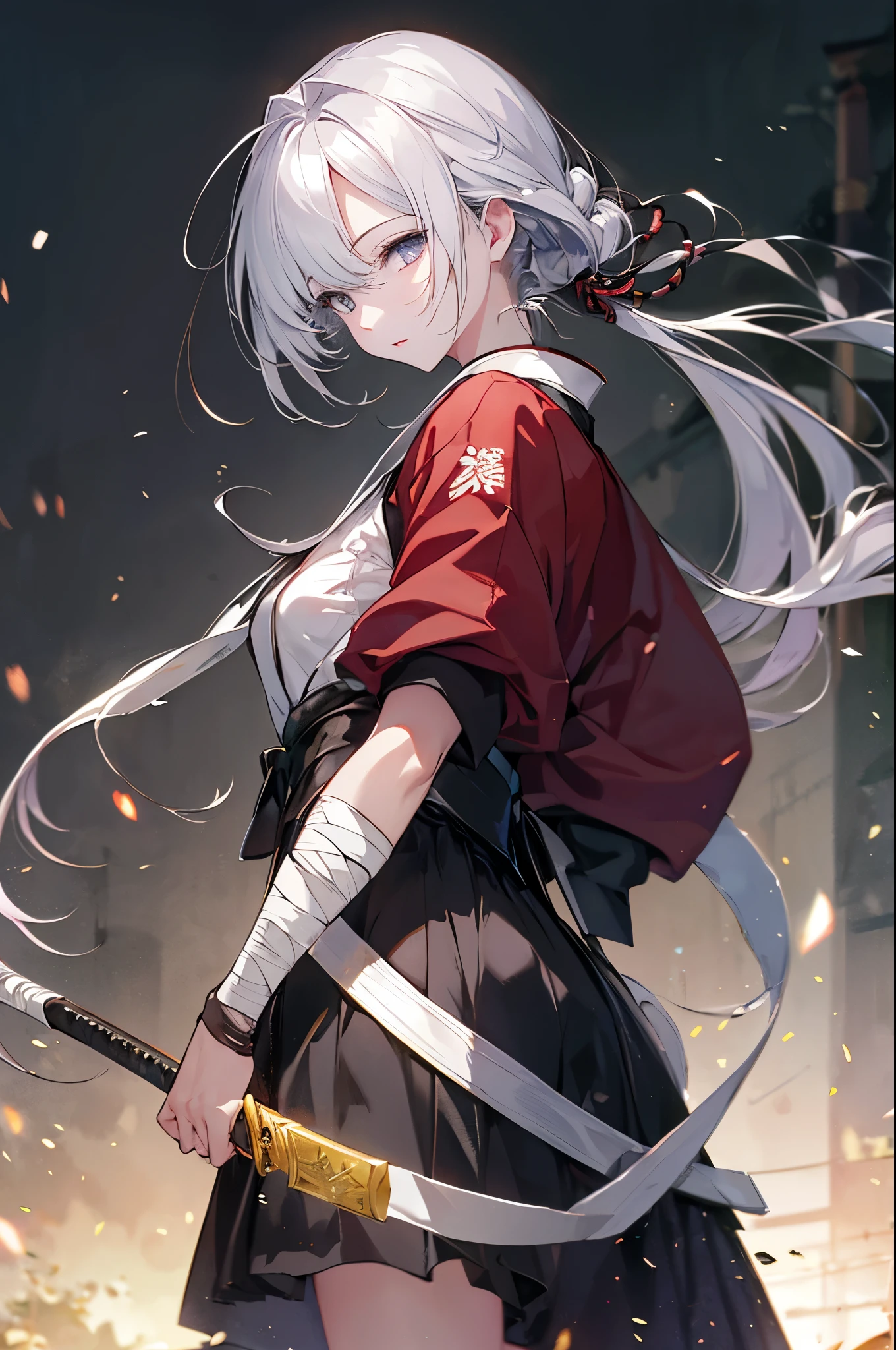 (Highest quality、High resolution、8k、mysterious、masterpiece:1.2)。Yamada Asaeemon。she、The role of testing swords in the Edo period。First to behead、assassination、Executioner。A long Japanese sword on his back。The gleam in his eyes is gone、Hollow。ただし誰が見てもshe剣の達人で、There is a sense of determination that leaves no room for doubt。White hair from stress、Unkempt hair and quite large。She is certainly attractive as a woman。Bandages wrapped around wrists and ankles、Samurai clothing。Samurai。