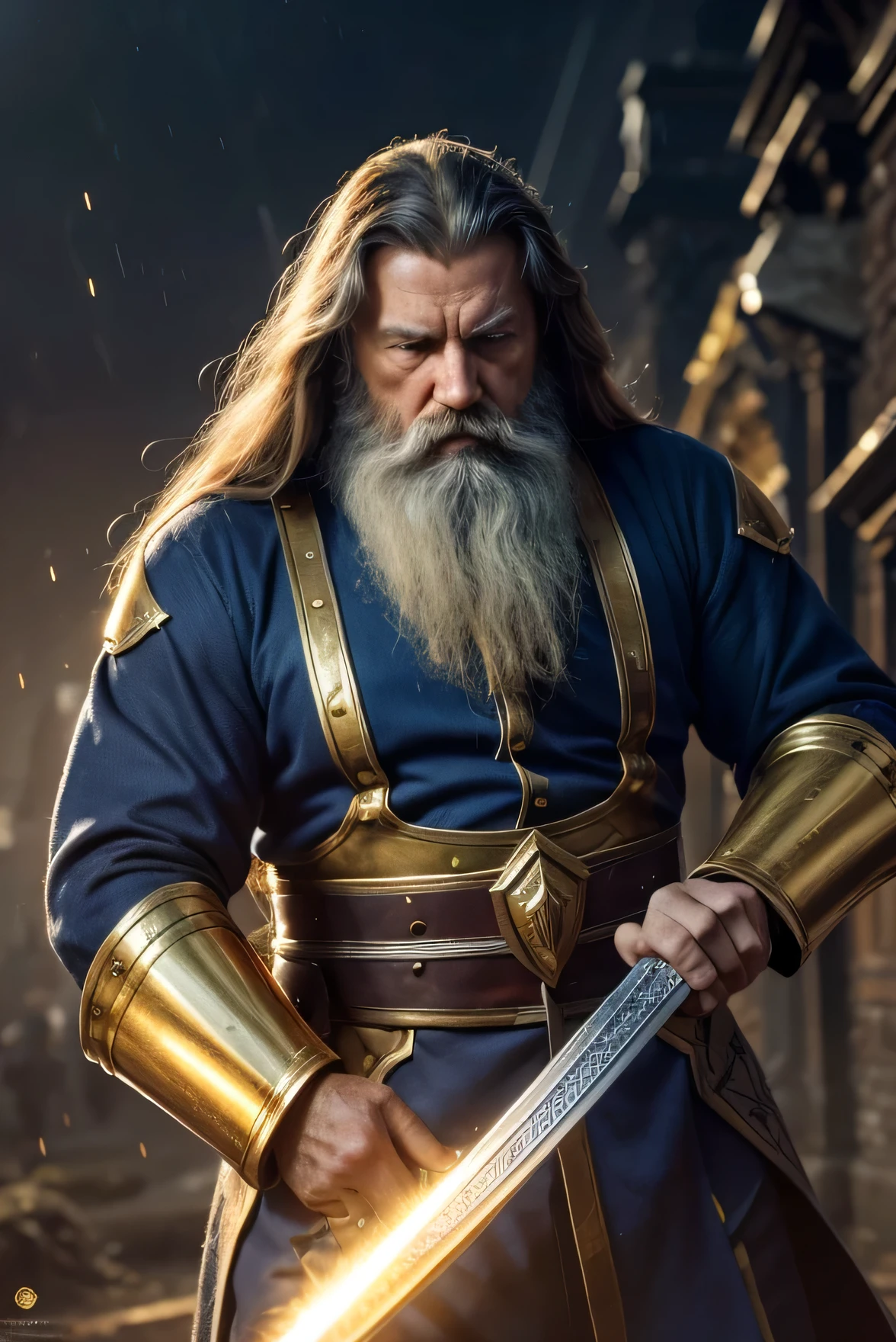 from above, An old man with long hair and a beard, holding a golden scepter, dressed in blue with gold armor, stabbed by a sword at the end of the world, in the evening, commission for, realistic image, ultra realism, perfect details. very realistic, 4k, ALREADY. very detail, Hyper maximalis, fantasy, Badass, very detail, lightning and rain,