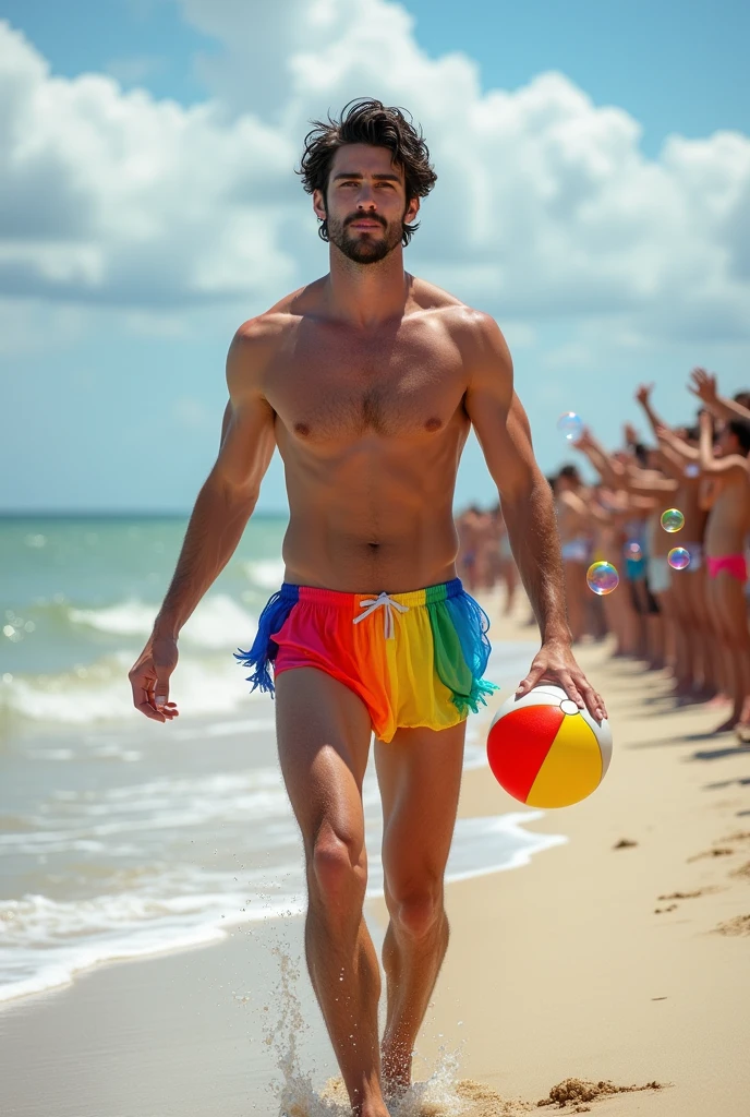 A handsome 27-year-old tall white young man in a men's fashion show on the beach shore wearing a de arco iris swimsuit with a beach ball in his hand. Many people applaud him and bubbles are around him. Tight boxer shorts in the color arco iris flag. Unshaved, white, tall with black hair flaquito