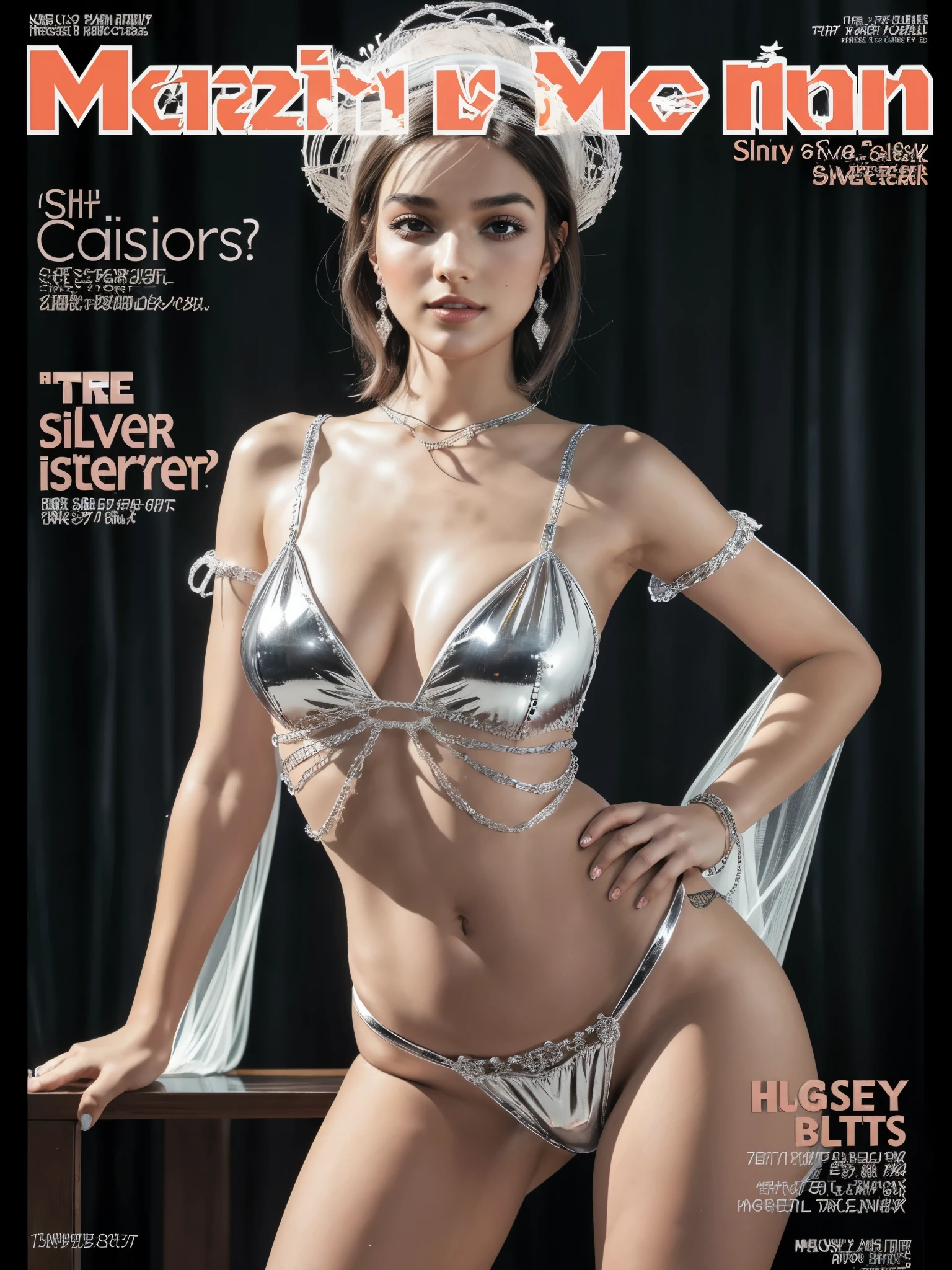 (magazine cover:1.4), (tangled shiny silver strap theme), 1girl, cascading hair to front, detailed face, (looking at viewer:1.2), see-through puffy sleeves, navel, thighs, micro highleg thong, crop top, (gigantic breasts:1.08), intricate jewelry hat, (blush:1.2), draped dress, soft lighting, (realistic, photorealistic), masterpiece, highest quality, earrings,