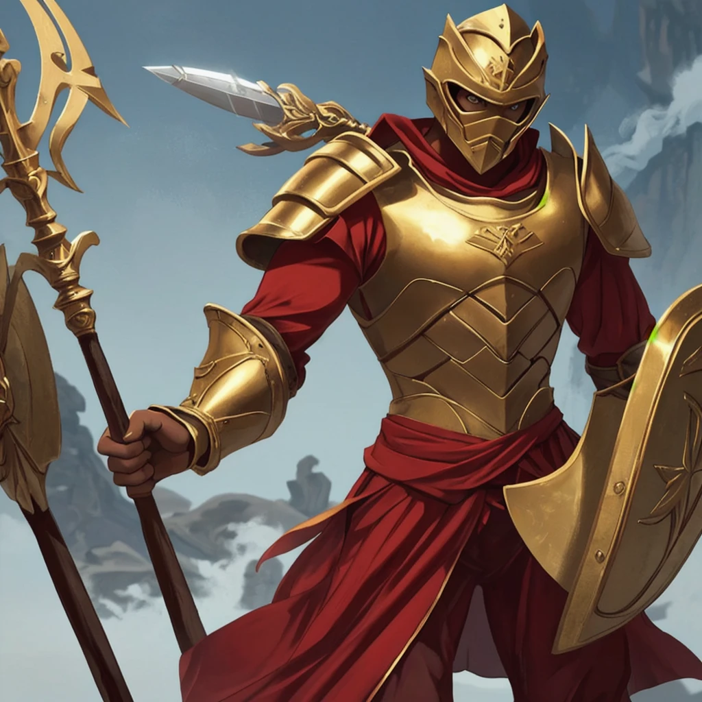 ancient greece warrior strong warrior, golden armour, red garment, holding a shield and a spear.