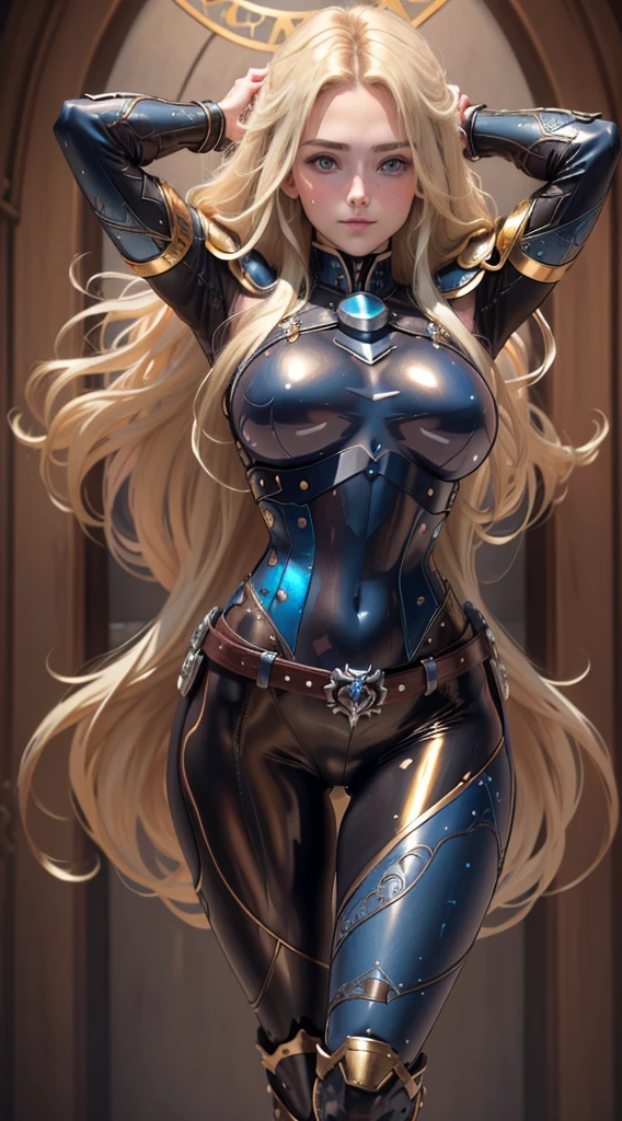 (8k, raw photo, Best Quality, maestro:1.2), (realist, photo-realist:1.37), ultra detailed, 1 girl, Beautiful, Alone, Gorgeous detailed blue sky with fluffy clouds, (blush), (whole body: 1.1), (smile: 1.1), (shut up), big breasts, Beautiful and delicate blue eyes, (Tight blue armor with intricate engravings of leaves and flowers : 1.1), Golden metal pieces covering her shoulders and arms, Dark brown leather belt with metal buckles, tight leather pants, Brown leather boots, A cross adorns her chest, (long blonde hair: 1.2), flowing hair, high contrast, Proporciones de whole body, (astride, stretch the legs, thin legs), Chest closeup.