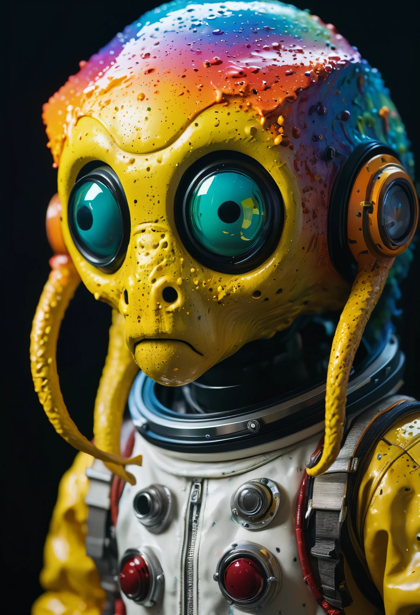 8K, ARTISTIC photogrAphy, best quAlity, mAsterpiece: 1.2), A (potrAit:1.2) Don Bluth Style  ASTRONAUT Cthulhu black Toon Doll, full body RAW candid cinema, yellow hair, 16mm, color graded portra 400 film, remarkable color, ultra realistic, sad admosphere, dark lighting, oppressive atmosphere, depressive colors, kodak portra 400, photograph,r, Natural Light,  Pinhead lighgts, blur reflection, Brush Strokes, Smooth, abstract, Splatter, Oil On Canvas, rainbow colors, fractal isometrics details bioluminescens : a stunning realistic photograph of wet bone structure, 3d render, octane render, intricately detailed, titanium decorative headdress, cinematic, trending on artstation | Isometric | Centered