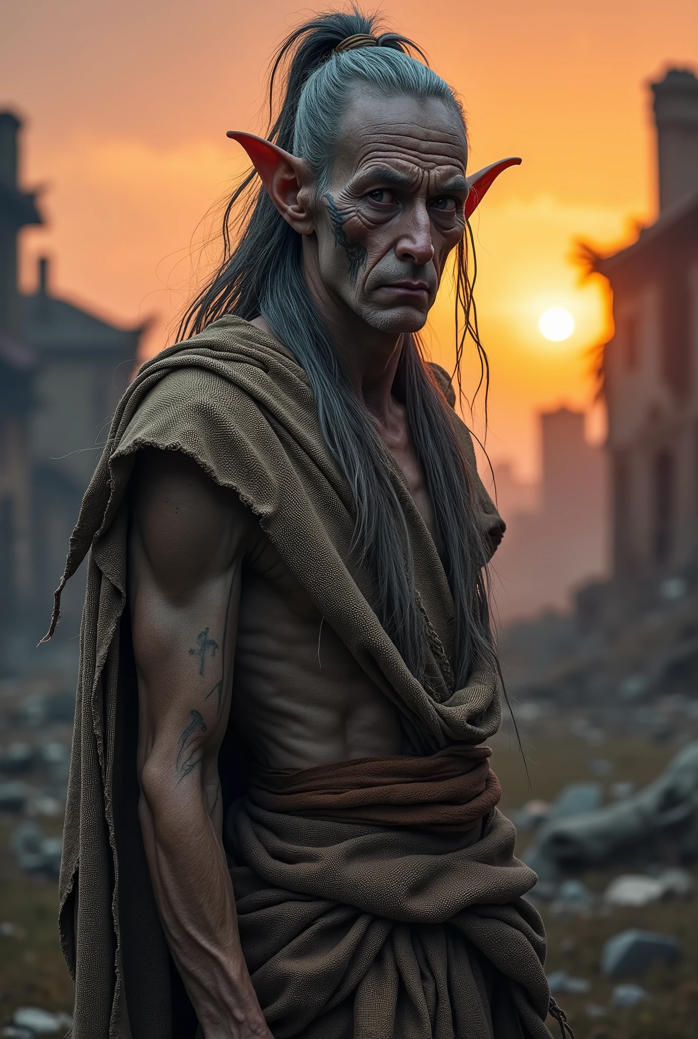 (masterpiece, photorealistic:1.4, extremely intricate:1.3), (photon mapping, radiosity, physically based rendering, ultra resolution, hyper-realistic, photorealistic:1.4, hyper-realistic, 8K), portrait gaunt male, (((starving 40 year old, gray skinned drow elf, burlap robe gray hair topknot ponytail, (((face tattoos, tattoo:1.2)), full body)))), outdoors, intense sunlight, ((far away burning destroyed apocalyptic medieval village, professional photograph, dynamic pose)), sharp focus, dramatic, award winning, cinematic