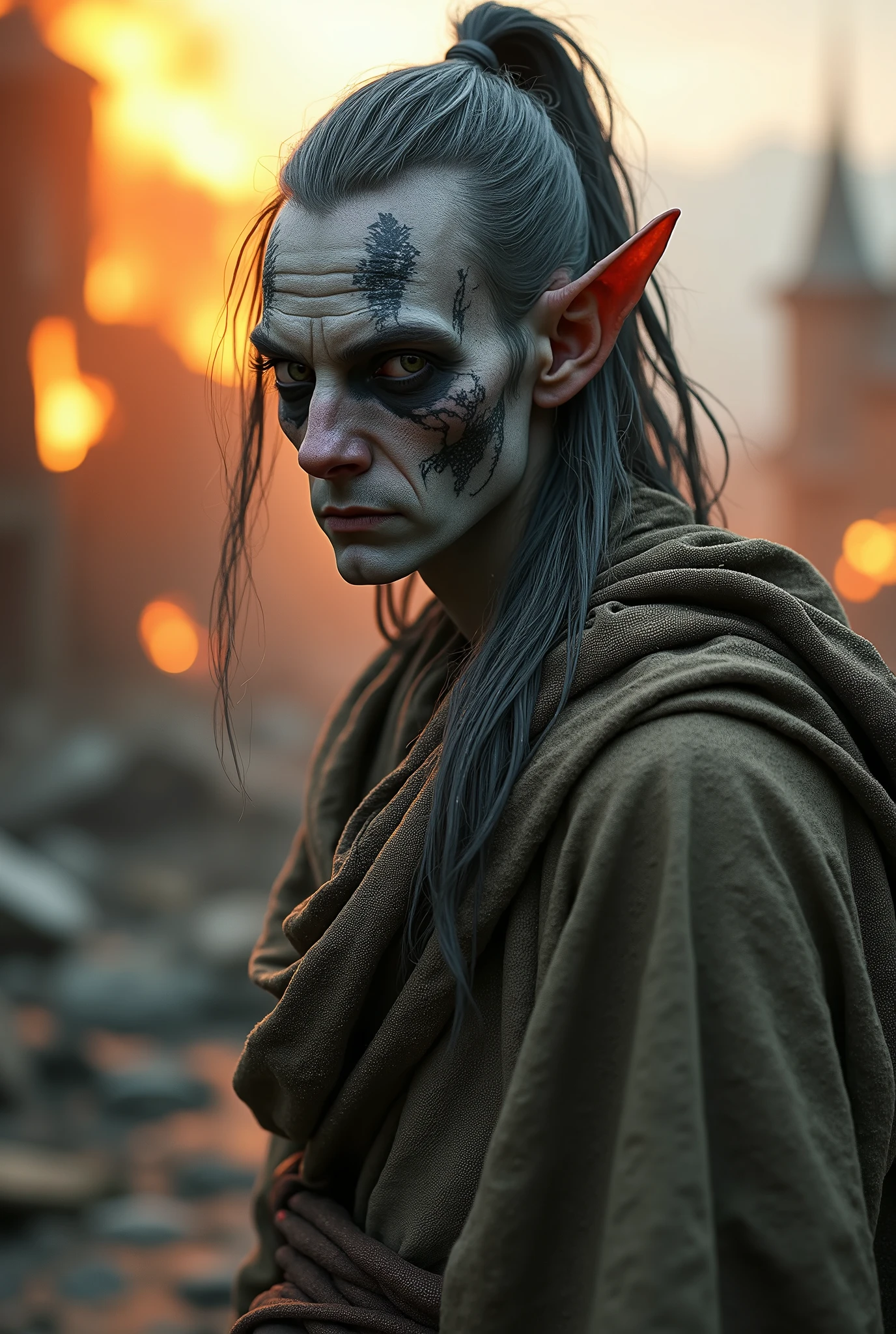 (masterpiece, photorealistic:1.4, extremely intricate:1.3), (photon mapping, radiosity, physically based rendering, ultra resolution, hyper-realistic, photorealistic:1.4, hyper-realistic, 8K), portrait gaunt male, (((starving 40 year old, gray skinned drow elf, burlap robe gray hair topknot ponytail, (((face tattoos, tattoo:1.2)), full body)))), outdoors, intense sunlight, ((far away burning destroyed apocalyptic medieval village, professional photograph, dynamic pose)), sharp focus, dramatic, award winning, cinematic