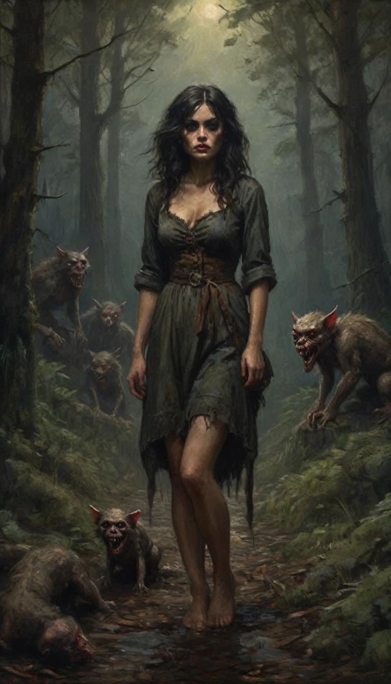 (horror) (damsel in distress) a pack of ravenous goblins with big eyes,small bodies,huge cannibal mouths (lots of jagged sharp teeth), chasing a scared human woman with big breasts,big butt,anglo features,tramp stamp tattoo,barefoot, battered and bloody, in a dark forest at night,(best quality,4k,8k,highres,masterpiece:1.2),ultra-detailed,(realistic,photorealistic,photo-realistic:1.37),dark fantasy,horror,surreal,chiaroscuro lighting,moody atmosphere,dramatic lighting (show all of her head to toe)
