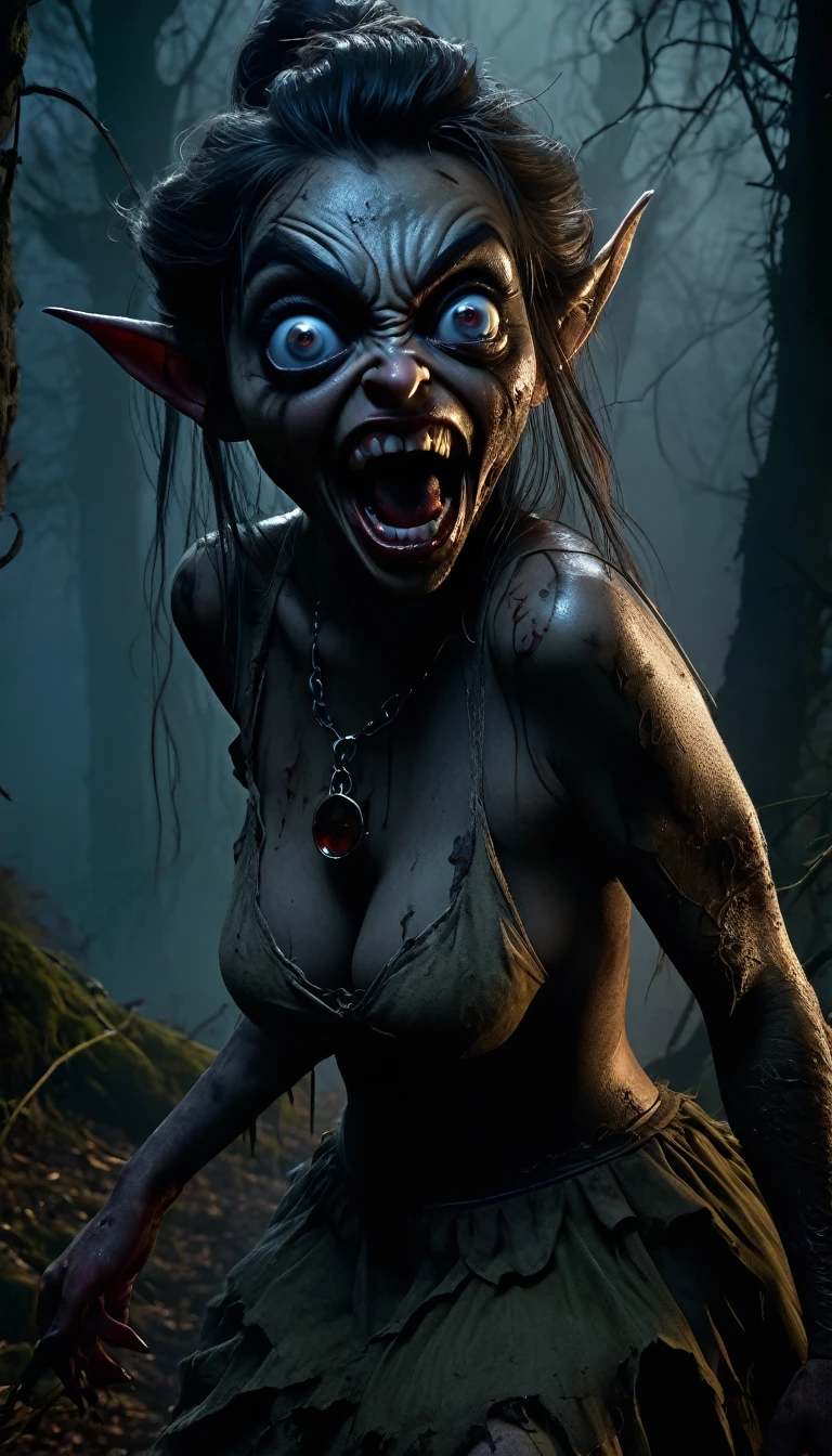 (horror) (damsel in distress) a pack of ravenous goblins with big eyes,small bodies,huge cannibal mouths (lots of jagged sharp teeth), chasing a scared human woman with big breasts,big butt,anglo features,tramp stamp tattoo,barefoot, battered and bloody, in a dark forest at night,(best quality,4k,8k,highres,masterpiece:1.2),ultra-detailed,(realistic,photorealistic,photo-realistic:1.37),dark fantasy,horror,surreal,chiaroscuro lighting,moody atmosphere,dramatic lighting (show all of her head to toe)
