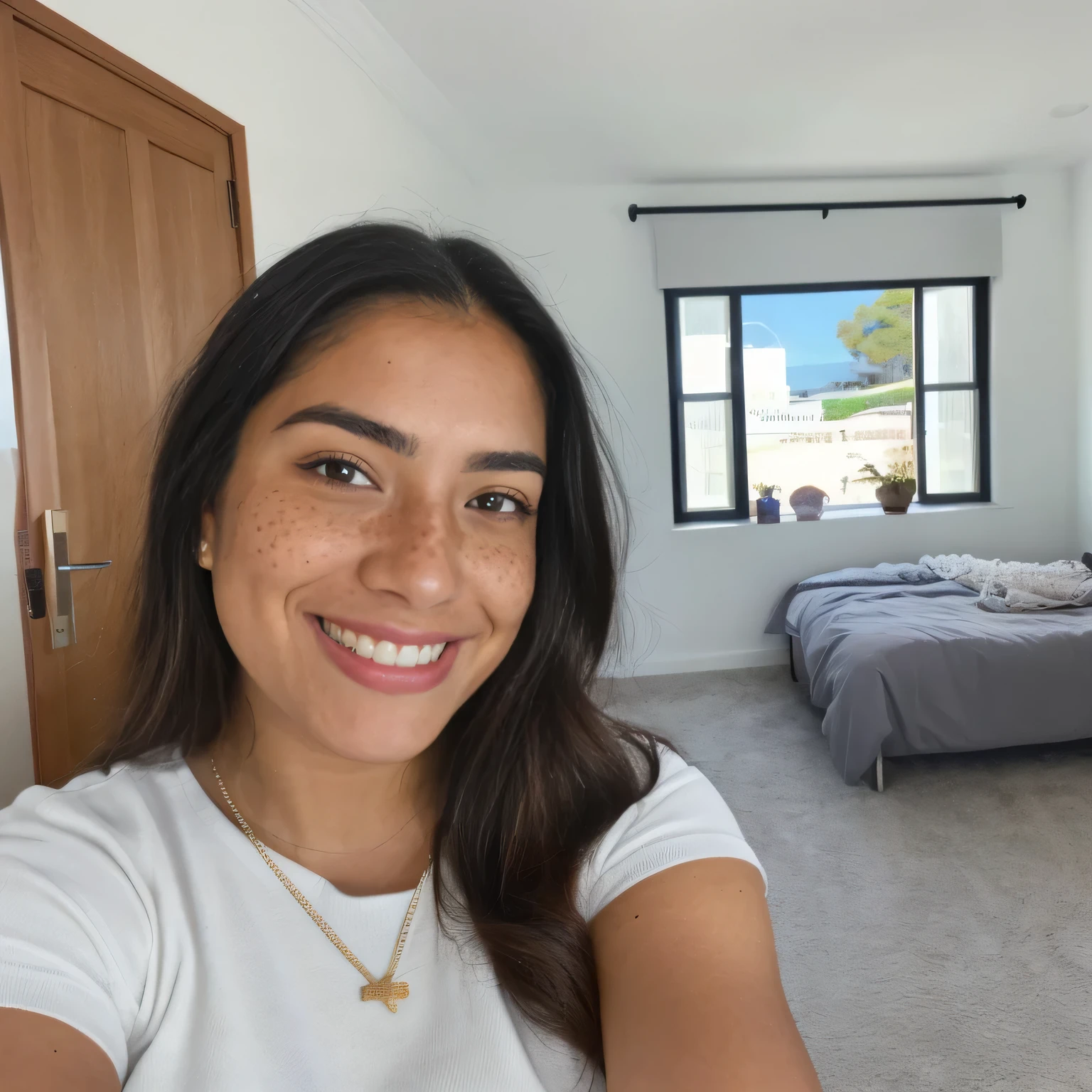 Hyper-realistic 23-year-old Latina girl with freckles, smiling in her beautiful room, taking a funny selfie for instagram, ultra definition, (photorrealistic: 1.4), 8k, first quality, Detailed backgrounds, Exquisite face, Make-up natural, CRU photo, iPhone, HDR, flirting with viewer,