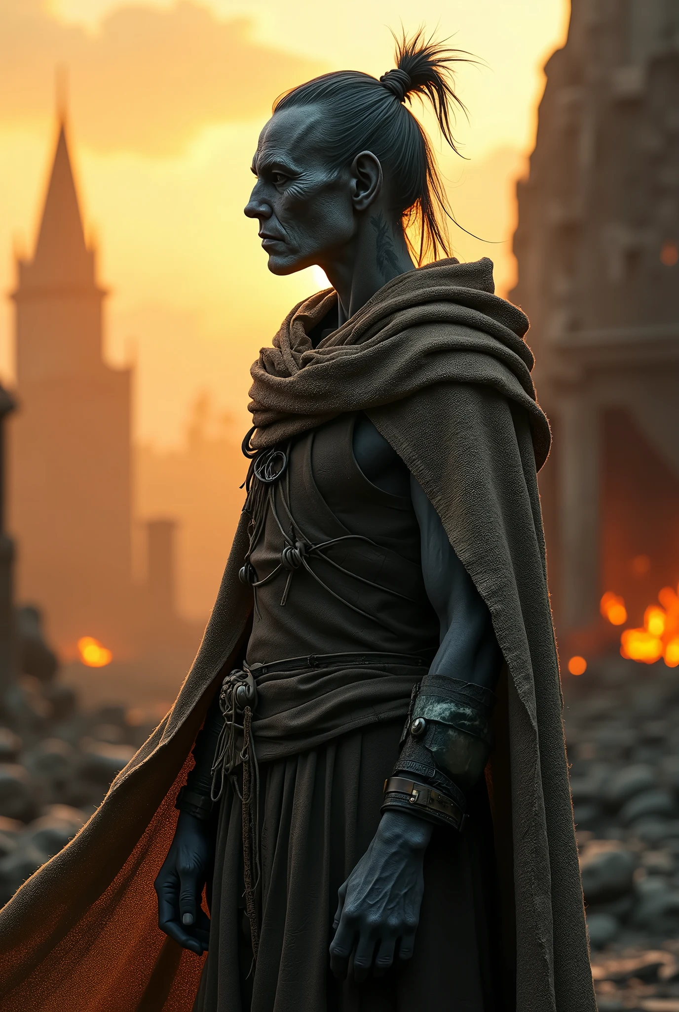 (masterpiece, photorealistic:1.4, extremely intricate:1.3), (photon mapping, radiosity, physically based rendering, ultra resolution, hyper-realistic, photorealistic:1.4, hyper-realistic, 8K), portrait gaunt male, (((starving 40 year old, gray skinned drow elf, burlap cape, gray hair topknot ponytail, (((face tattoos, tattoo:1.2)), full body)))), outdoors, intense sunlight, ((far away burning destroyed apocalyptic medieval village, professional photograph, dynamic pose)), sharp focus, dramatic, award winning, cinematic