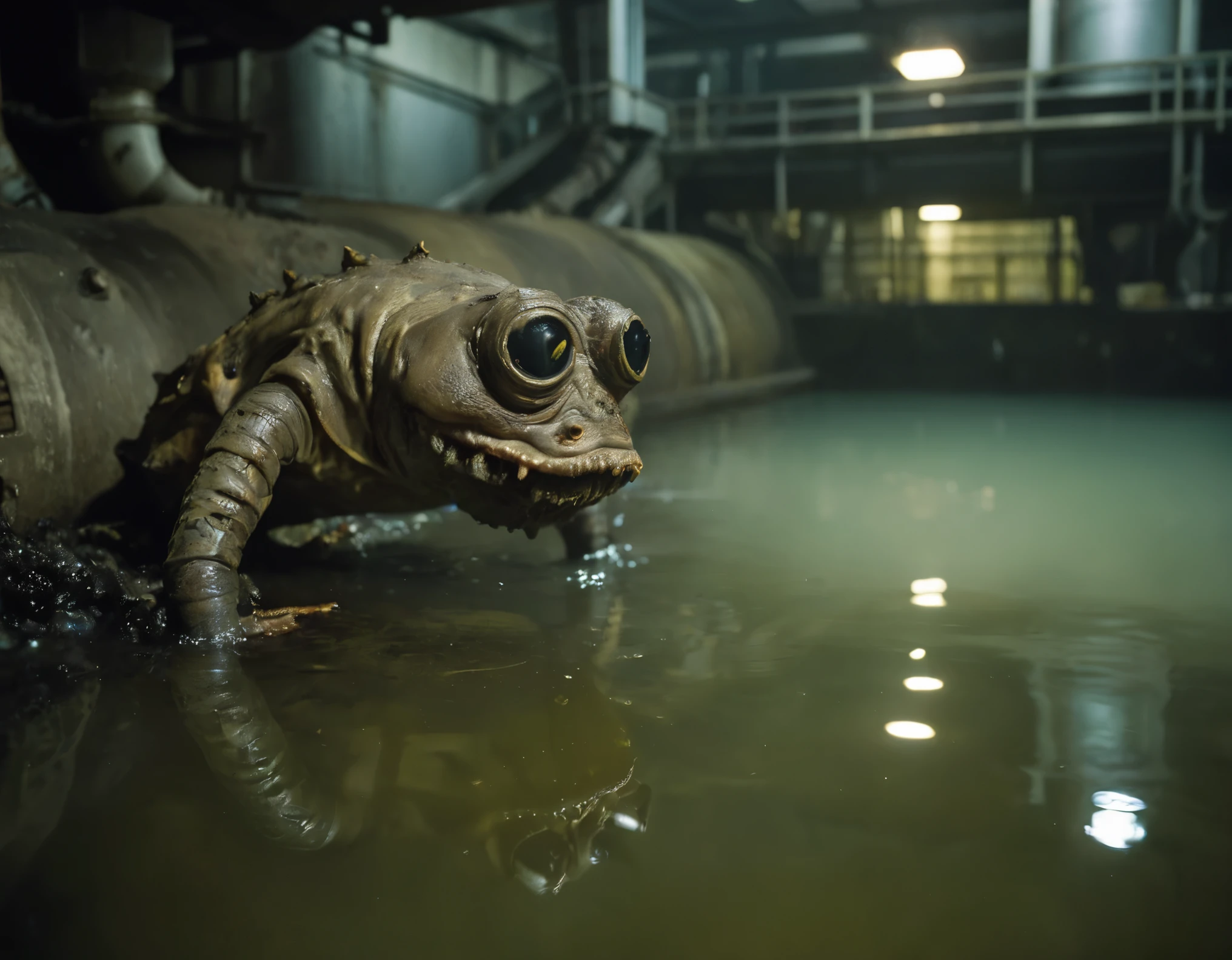 RAW photo, (by Todd Schorr:0.9) and Fintan Magee, photograph, bizarre otherwordly creature, from inside a Sewage treatment plant, Hazy conditions, shallow depth of field, Neo-Primitivism, Reflected light, film camera, F/14