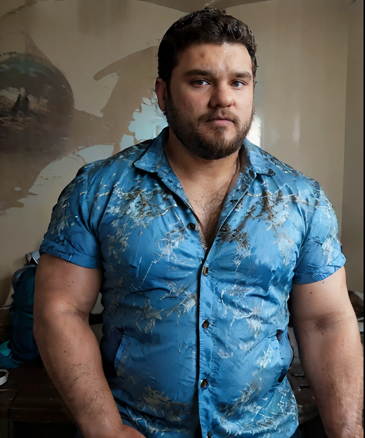 Authentic style，A strong security guard sitting on the floor，indoor，Wooden floor，Sitting，40 year old asian man，Looking at the camera，Legs open，Place your hands behind your body，beard，Floral shirt，Shirt open，A kind expression，Kind uncle，A polite greeting，Black short hair，Very short hair，Brown skin，Oily skin，(Fat-wrapped muscles)，Mermaid line，Grey swimming trunks，(There&#39;s a giant oyster mushroom in my pants)，Leg hair，Thick body hair，Black body hair，Leg hair，sandals，toe，full-body shot，Real person photos，Correct anatomical shape of the limbs，Full body shot，Fine skin texture，Wooden walls，Soft Light，Low contrast images，Highest quality，4k quality，
