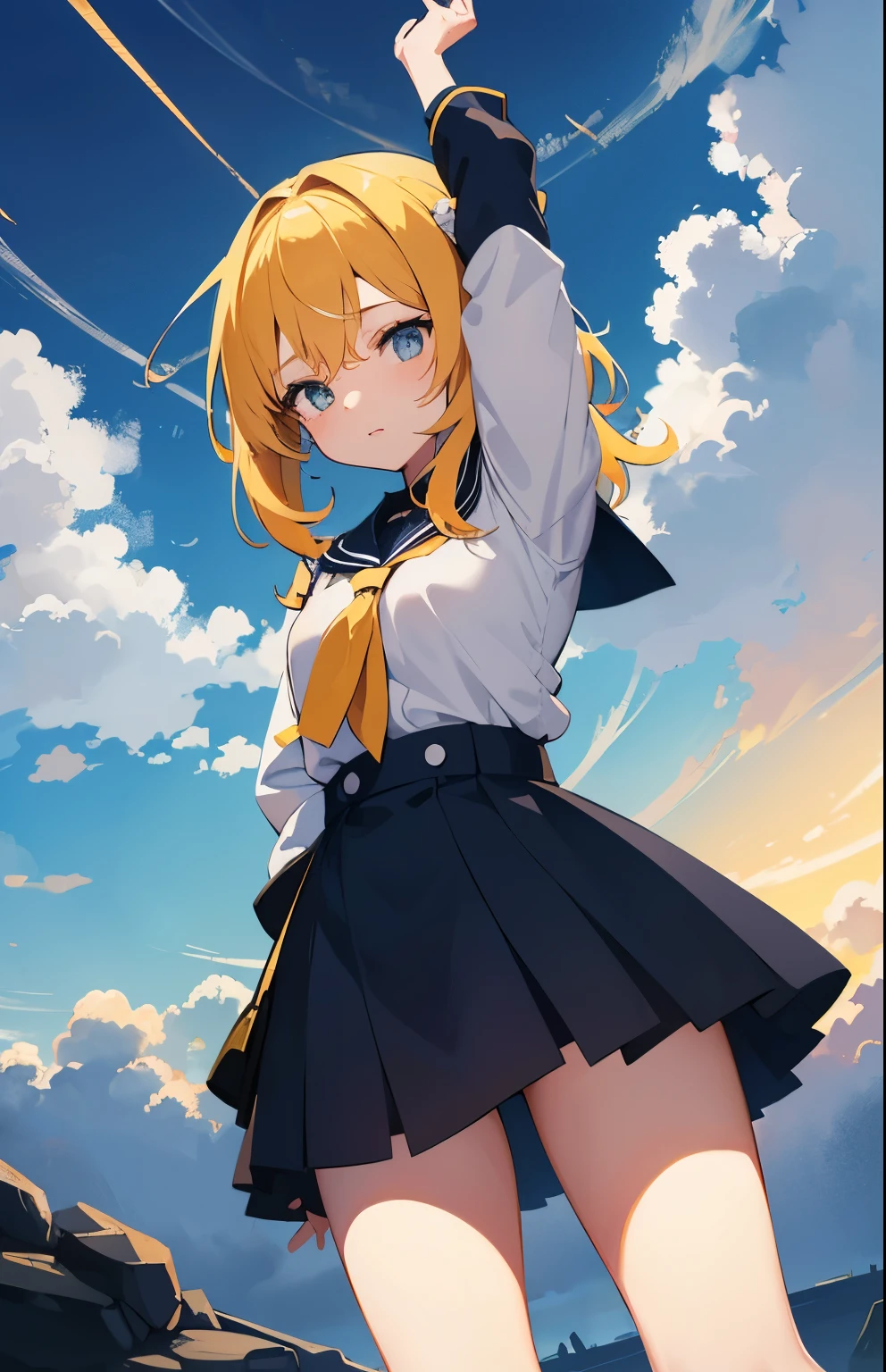 master piace, beste-Qualit,ultra detali,8K_wall-paper,(Beautiful eyes),((cute little)),(Wonderful),(erotick),anime moe art style,1girl in,Solo,,Mini skirt,1girl in,,a blond,Shirts,Long hair,,navel,,Small breasts,,(((zettai ryouiki))),,Short sleeves,Open mouth,double tooth,Looking at the constellations、sitting on、Meadow at night、A smile、Looking away、Looking Up,Orion、profile,Back view