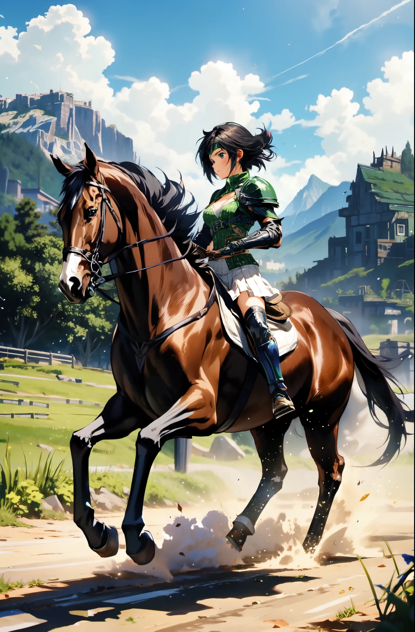 ((highest quality)), ((anime masterpiece)), (high detailed), 8k, cinematic lighting, anime screencap, HDR, yuffie kisaragi riding a BROWN HORSE, (yuffie kisaragi, {black hair}, small breast, cleavage), (green armor, white gauntlet, white miniskirt, white boots), mountains, outdoor, open field, ((from side: 1.2)), anatomically correct