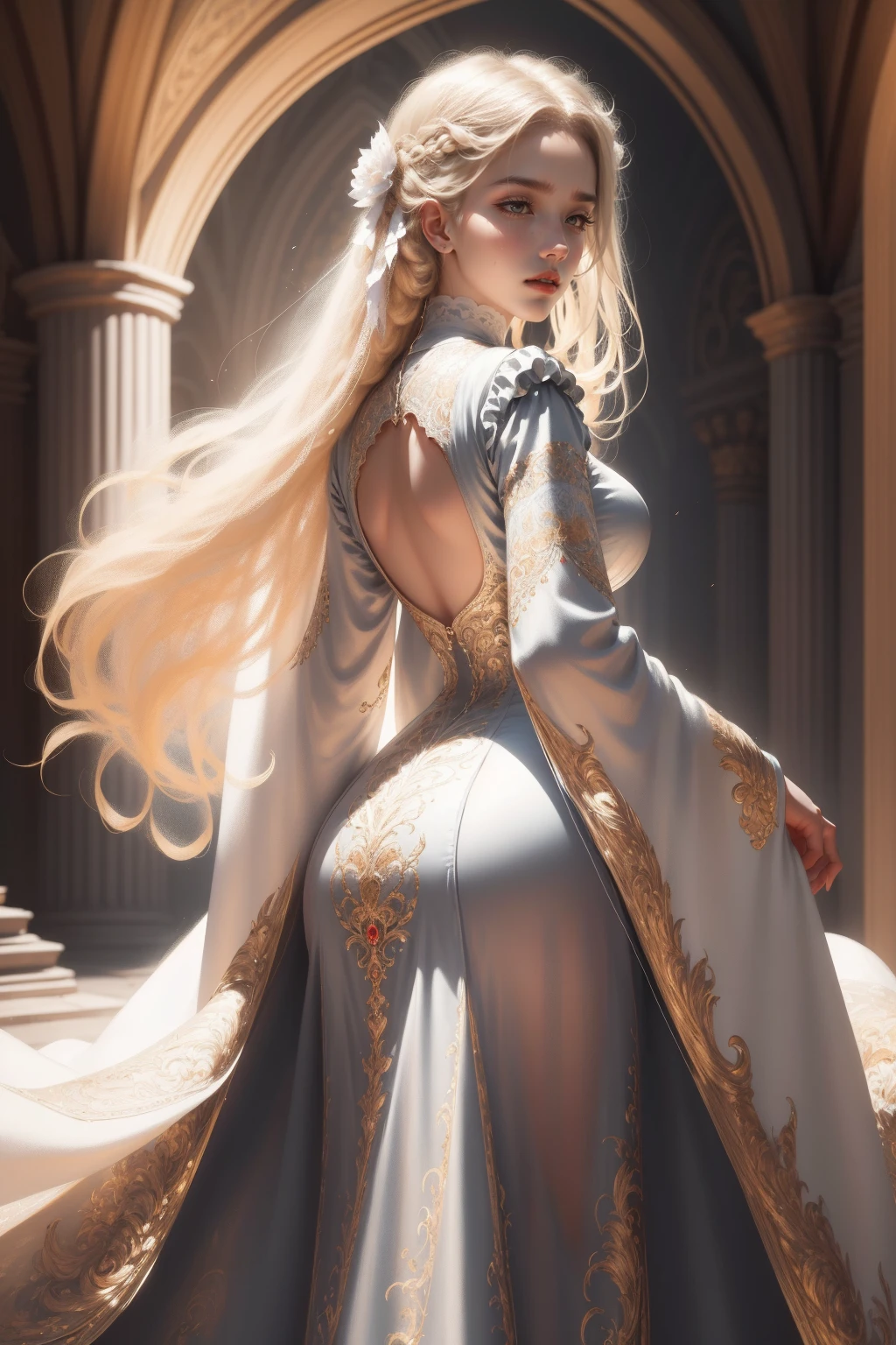 (Masterpiece - Ultra-detailed, very high resolution) Prepare to be enchanted by a true masterpiece that combines ultra-detailed art with high-resolution rendering. This work depicts a mesmerizing woman with very long blond hair (1.3) and captivating gray eyes (1.2), emanating an aura of elegance and mystery in Victorian settings. The intricate details and realistic textures invite you to explore every aspect of this enchanting composition. Woman wearing beautiful classic Victorian costume from the year 1878. Red lipstick. Happy face. Smiling. white (white) dress. Walking, backwads, looking back, dynamic poses. Get ready to dive into a world where beauty and craftsmanship merge perfectly.