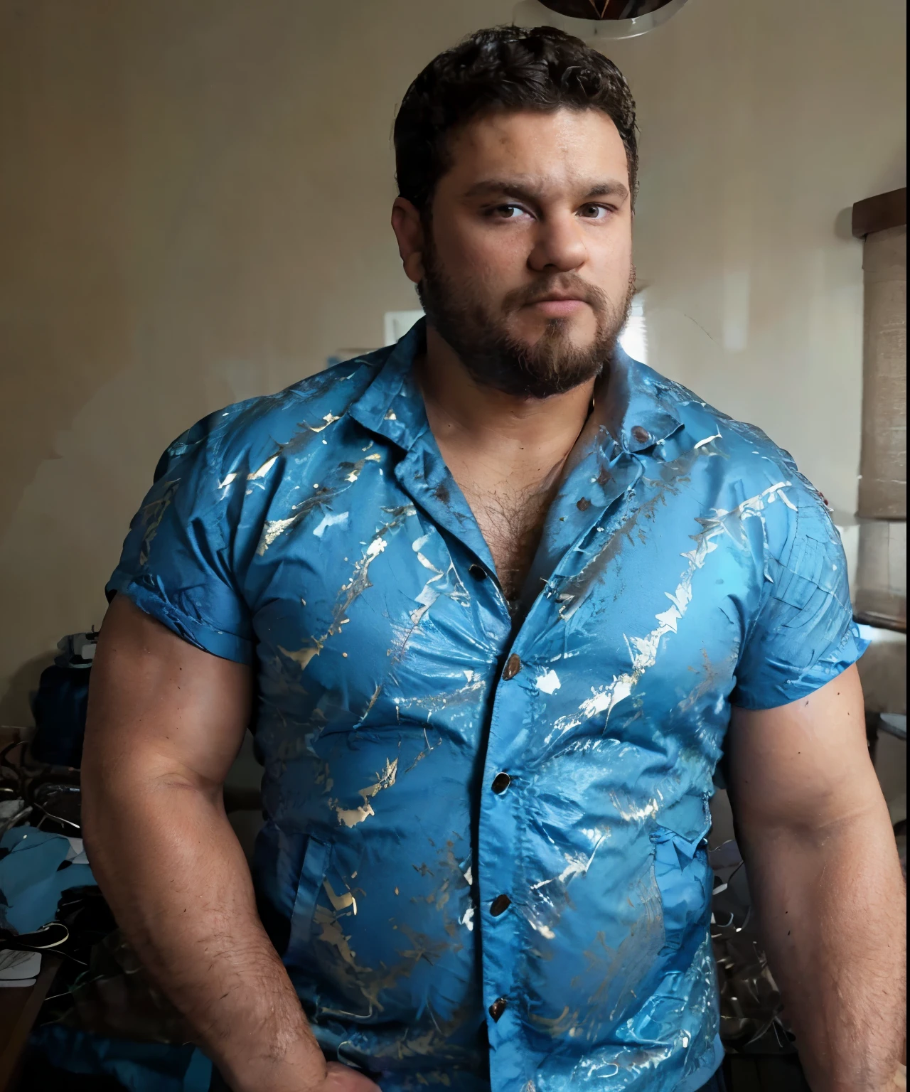 Masterpiece, Best Quality, Ultra-Detailed, 1man, solo, manly male, male, male focus, big, chubby, fat, ((curly hair:1.0)), An arafed man in a light blue jacket, a brown shirt and jeans standing in a room, fullbody of standing David Harbour, with light blue jacket and a brown shirt, wearing a light blue jacket and a brown shirt, light blue jacket, brown shirt, white russian clothes, he got a big french musctache, screenshot from a movie, summer evening, style of stranger things, his palms are sweaty, dad bod, stranger things character