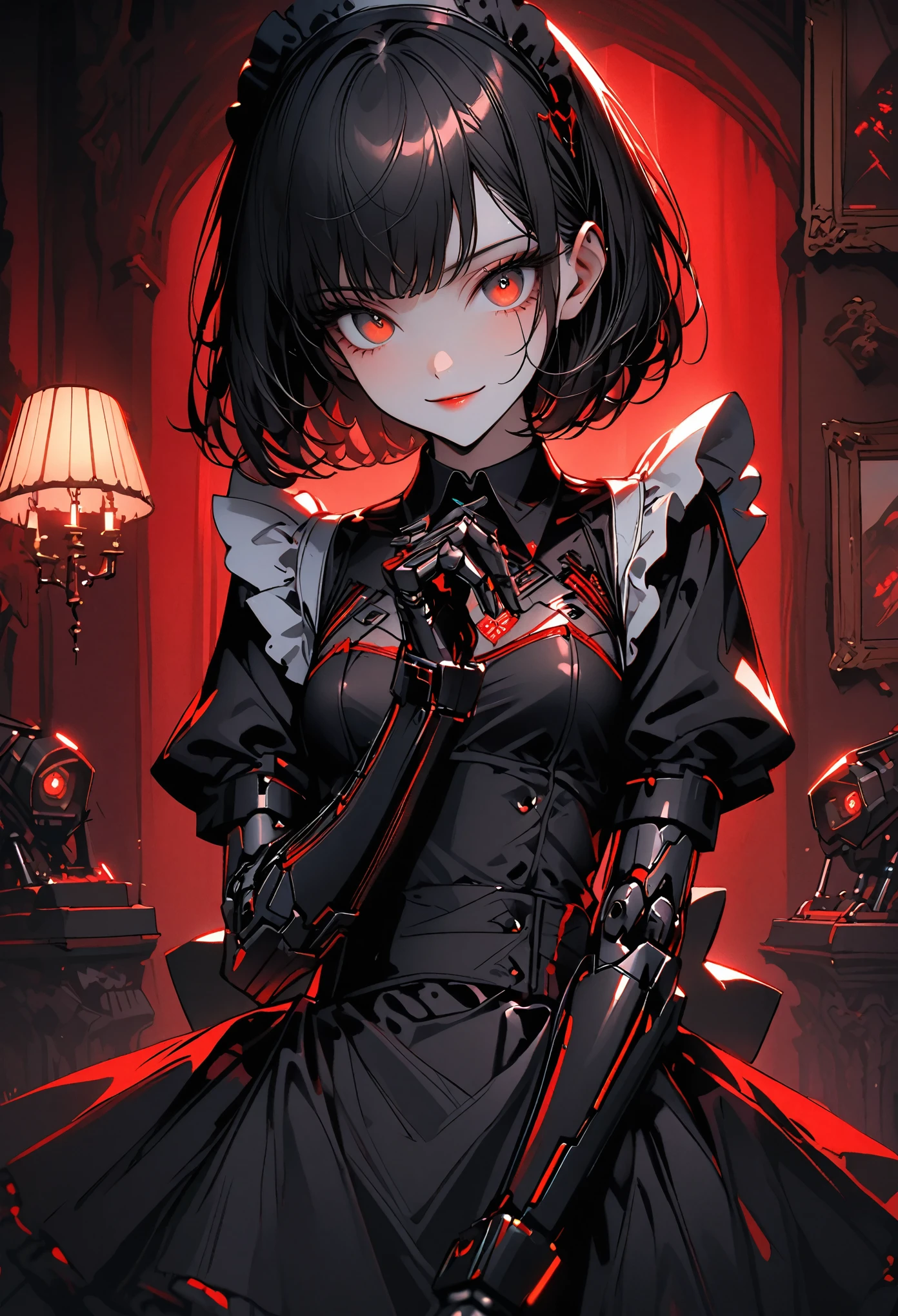 solo, female, close up, lithe, small breasts, bob cut hair, robot maid, elegant, mansion, maid gesture, gentle smile, maid, robot joints, black robot hands, black hair, cybernetic eyes, lamp, warm, red curtain, professional, tiny waist, feminine