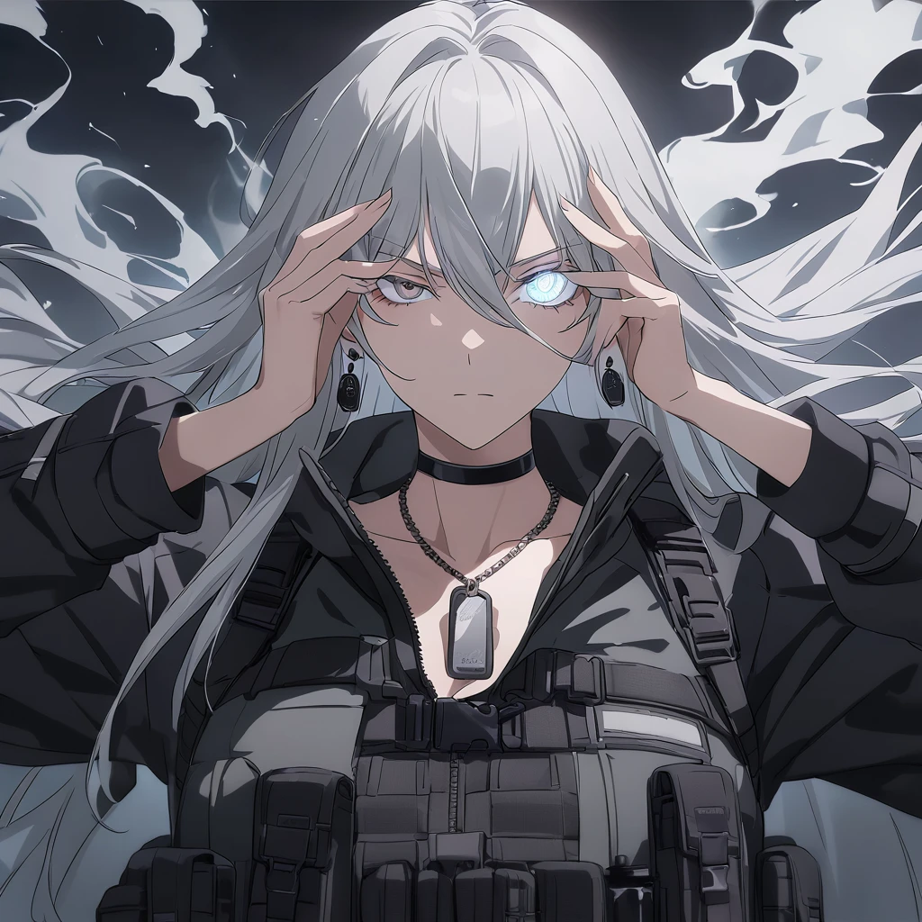 sovetsky_Soyuz, grey hair, long hair, earrings, choker, dog tag necklace, tactical, pouches, webbed belt, tactical jacket, grey eyes, sharp eyes, Long eyelashes, eye shadow, ominous vibe, dark background, shadows, smoke, expressionless, stoic, glaring, Ultra quality, UHD, high detail, anime aesthetic, Anime screenshot, Ultra quality, UHD, high detail. Hands over face, one eye peeking, eye glow, face shot, facing camera, 