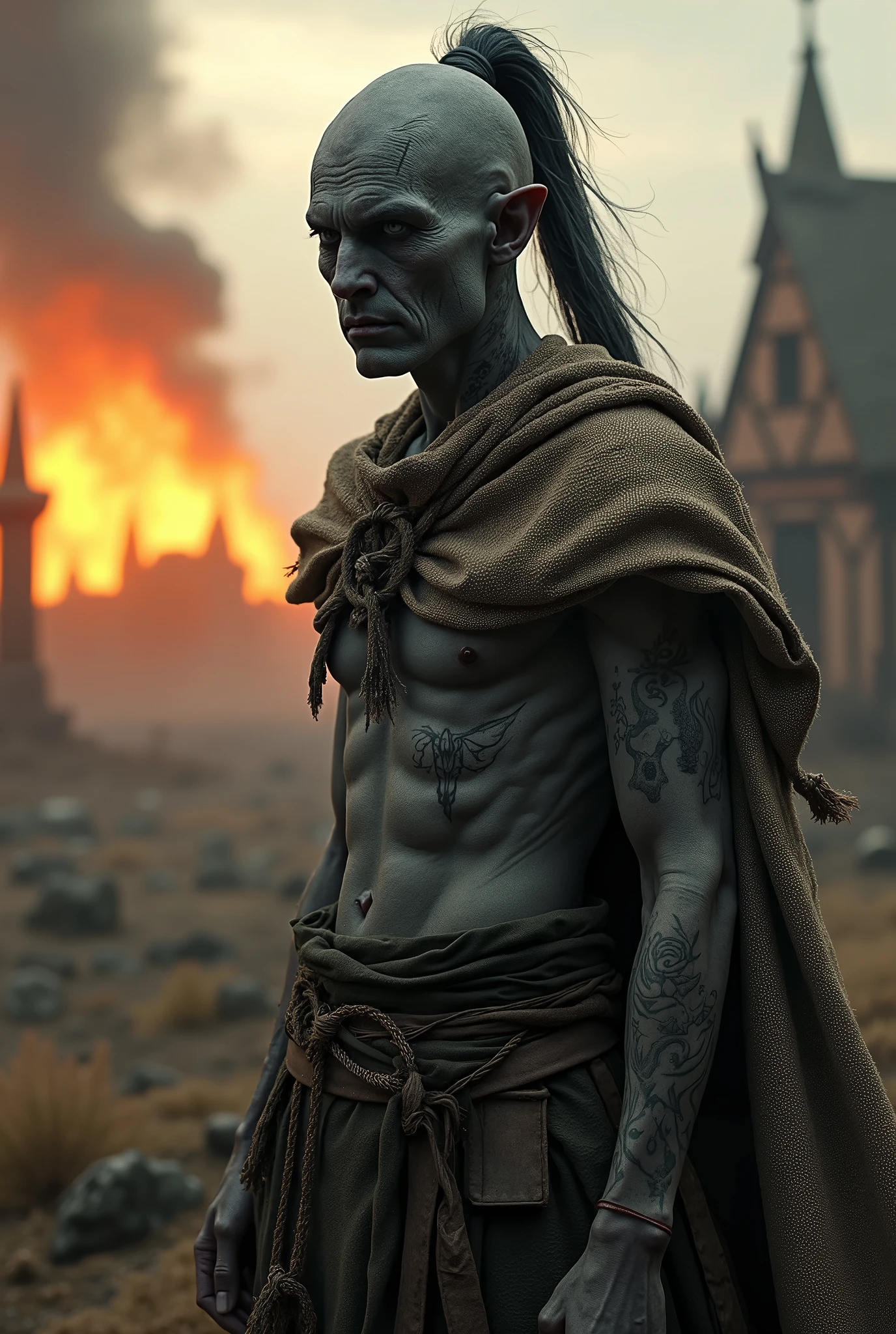 (masterpiece, photorealistic:1.4, extremely intricate:1.3), (photon mapping, radiosity, physically based rendering, ultra resolution, hyper-realistic, photorealistic:1.4, hyper-realistic, 8K), portrait gaunt male, (((starving 40 year old, gray skinned drow elf, burlap cape, gray long hair topknot ponytail, (((face tattoos, tattoo:1.2)), full body)))), outdoors, intense sunlight, ((far away burning destroyed apocalyptic medieval village, professional photograph, dynamic pose)), sharp focus, dramatic, award winning, cinematic