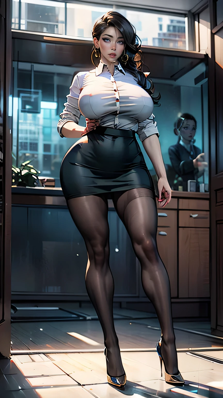 masterpiece, best quality, full body standing, secretary, black pencil skirt, extremely busty, white shirt, black sheer stockings, gold platform pumps, very long legs, large breasts, hoop earrings, thicc, raytraced, realistic lighting and shadows, ahegao, feet together, office background, perfect hands and fingers