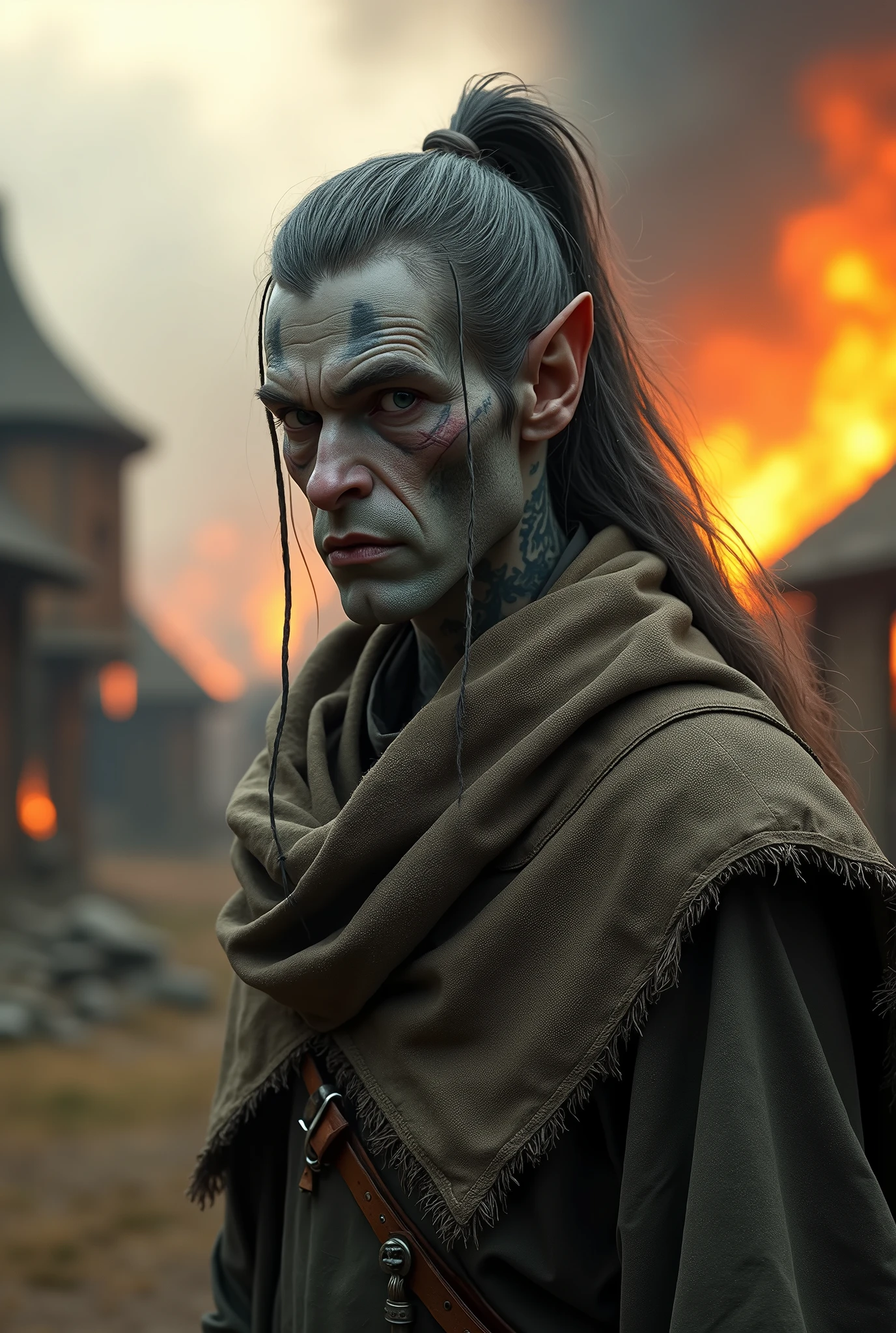 (masterpiece, photorealistic:1.4, extremely intricate:1.3), (photon mapping, radiosity, physically based rendering, ultra resolution, hyper-realistic, photorealistic:1.4, hyper-realistic, 8K), portrait gaunt male, (((starving 40 year old, gray skinned drow elf, burlap cape, gray long hair topknot ponytail, (((face tattoos, tattoo:1.2)), full body)))), outdoors, intense sunlight, ((far away burning destroyed apocalyptic medieval village, professional photograph, dynamic pose)), sharp focus, dramatic, award winning, cinematic