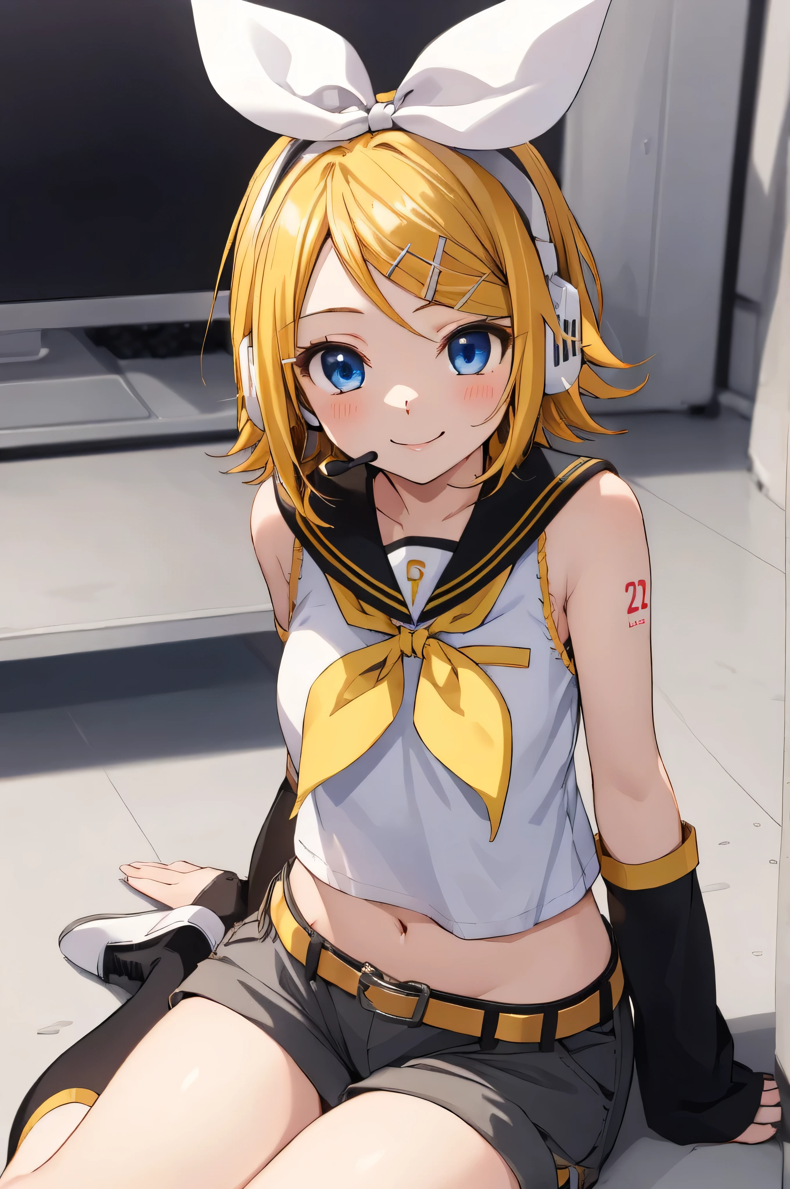 Rin Kagamine, Blonde, blue eyes, hair bow, headset, short hair, Headphones,
Exposing shoulders, belt, black Sailor collar, black Shorts, bow, Crop top, Removable sleeves, grey legwear, grey Shorts, grey sleeves, hair bow, Leg warmers, neckerchief, Sailor collar, , shirt, mini skirt, Short sleeve, Shorts, white bow, White footwear, white shirt, yellow neckerchief, From below, Pink Panties,
(Highest quality, masterpiece, RAW Photos,Very detailed:1.2), One girl,alone,View your viewers,smile,Sitting