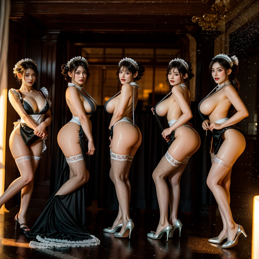 (Full Body of Extremely Detailed((Sexy Maid Group in a row:1.37))), KAWAII perfect face, Reflective Eyes, Detailed(Delicate Clothing textures), Correct long Leg Line, Dynamic Joyful Expressions LifeLike Rendering, Specular Reflection, TopQuality 8K Ultra-detailed masterpiece (ProfessionalPhoto:1.37), (Acutance:0.8), (Luminism:1.28), Renaissance art style, (Colorful Light particles), ((Full body from side)), {(Kissing Face to Face)|Cute Peach Upturned AssFocus|(NakedApron with Overflowing SideBoob)}, Radiant Fine Skin with Transparency, (Exposed:0.4), Different types of hair color, Perfect Lighting