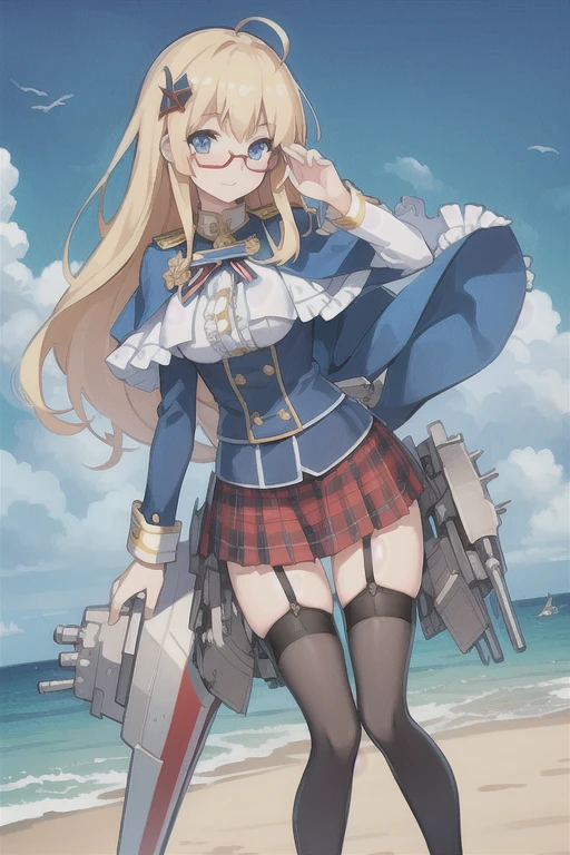 Hood \(warship girls r\),((masterpiece)),(((best quality))),((ultra-detailed)),((illustration)),((disheveled hair)),((frills)),(1 girl),(solo),1girl,blonde hair,blue capelet,blue eyes,blue jacket,blush,buttons,cannon,capelet,closed mouth,flag,glasses,hair ornament,jacket,long hair,long sleeves,looking at viewer,machinery,mecha musume,military uniform,miniskirt,pleated skirt,red-framed eyewear,ribbon,rigging,semi-rimless eyewear,shirt,skirt,smokestack,solo,standing,striped,sword,thighhighs,turret,under-rim eyewear,underwear,uniform,union jack,white legwear,After the transformation,
Moderate legs,ahoge,