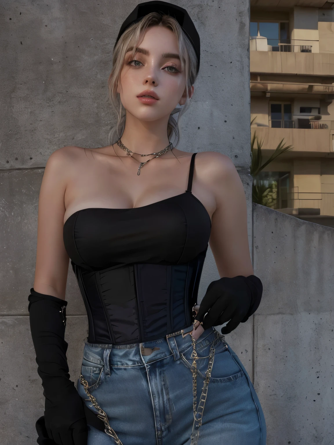 araffed woman in a black cap and jeans with a chain, black cap, Portrait Sophie Mudd, black jumpsuit, wearing a black jumpsuit, she is wearing a black tank top, corset, wearing a black camisole outfit, wearing a sexy crop top, very tight corset, tight suit, wearing simple, tight clothing, wearing a short black t-shirt, black hair up