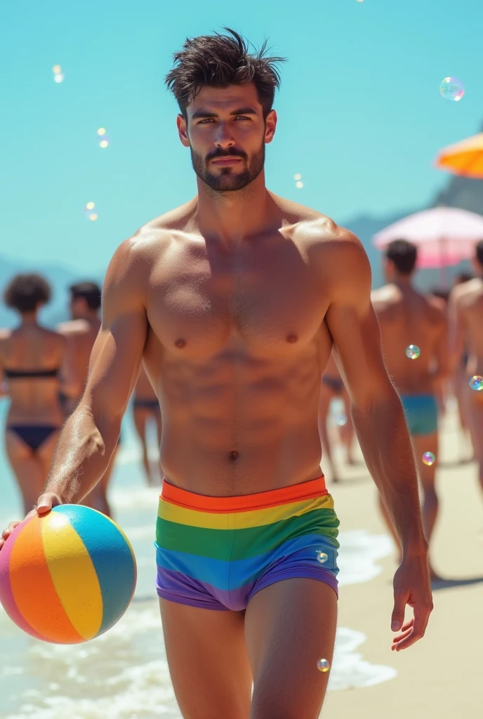A handsome 27-year-old tall white young man in a men's fashion show on the beach shore wearing a de arco iris swimsuit with a beach ball in his hand. Many people applaud him and bubbles are around him. Tight boxer shorts in the color arco iris flag. Unshaved, white, tall with black hair flaquito