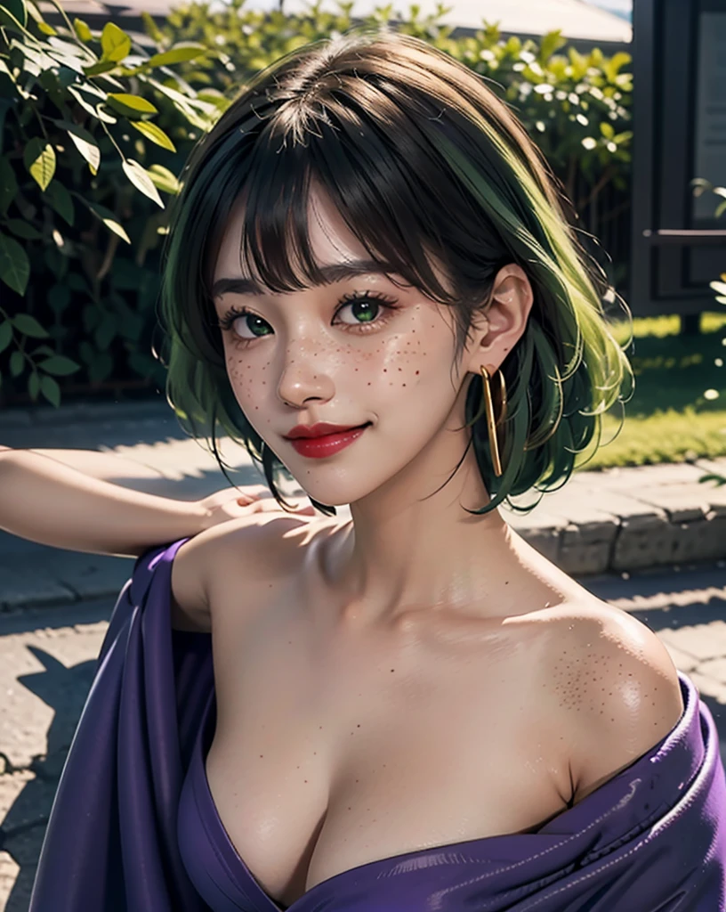 1 Girl, 19 years old, south korean, 4k, masterpiece, realistic, long whavy black hair with bangs, green fade hair, shining green pupils, shining red lips, freckles, red eyeliners, big boobs, golden hoop earings, naked, covered by a purple blanket, freckles, big smug smile, closed mouth, downblouse, bright colors, blurry background, face focus, birds eye view.