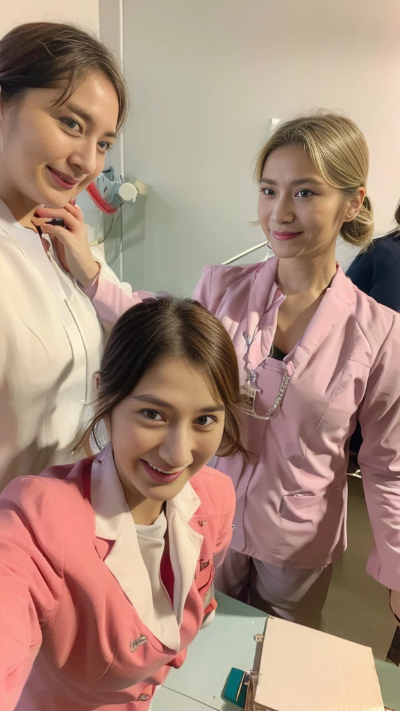 Two beautiful Japanese women, a doctor and a nurse, with incredibly large, almost spilling breasts, are in an examination room, listening to a patient's concerns. They are looking at him with moist eyes, wearing red lipstick and smiling.