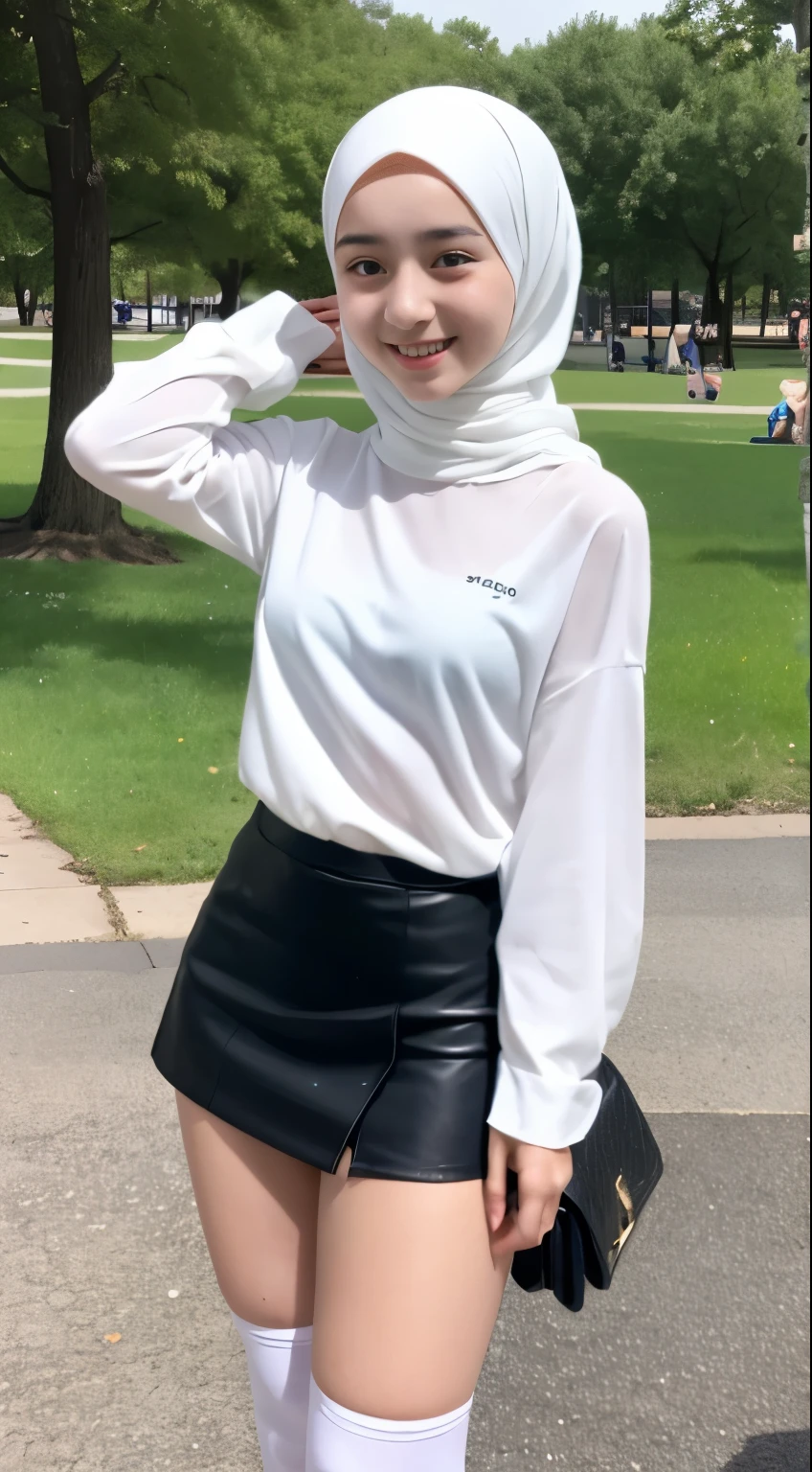 turkish girl wearing hijab, white shirt, black loose mini skirt, white kneesocks in the park a sweet smile,white pants