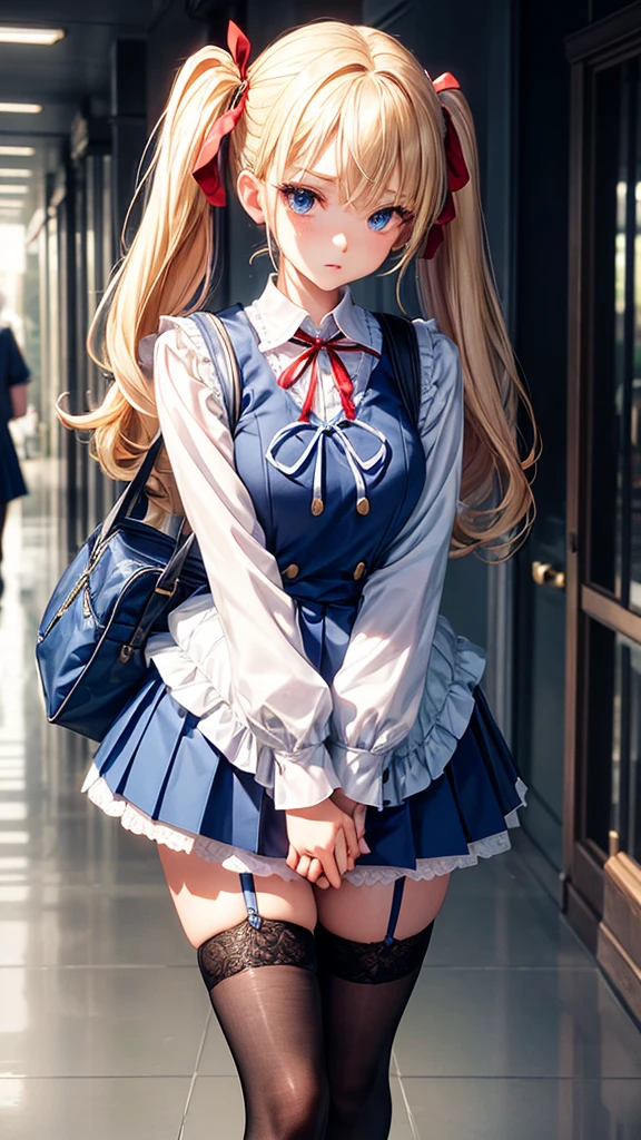 Pose: very slender woman standing with her head slightly tilted down, eyes softly gazing downward, and hands gently touching her face
Attire: Blue Sailor School uniform, blue pleated skirt, white thigh high lace stocking
Hair: blond pigtails tied with a red ribbon
Makeup: simple, with emphasis on strong eyes or bold lips to match the confident pose.
Background: school hallway,
Lighting: Dramatic dimmed lighting with highlights and shadows that accentuate the body’s curves and the bend in the knee.
Accessories: school bag in hand
Mood: Bold, fashionable, and empowered.