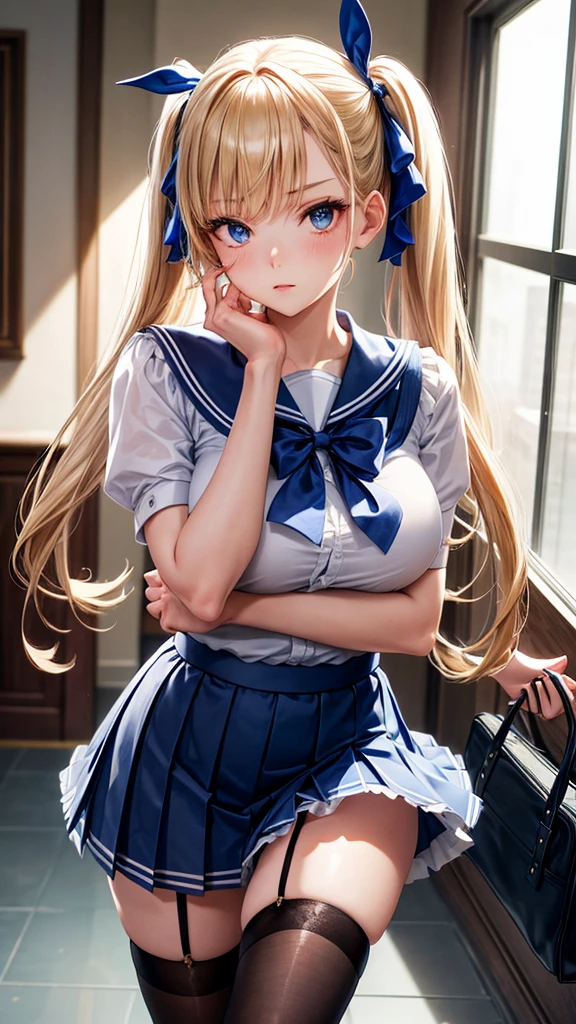 Pose: very slender woman standing with her head slightly tilted down, eyes softly gazing downward, and hands gently touching her face
Attire: Blue Sailor School uniform, blue pleated skirt, white thigh high lace stocking
Hair: blond pigtails tied with a red ribbon
Makeup: simple, with emphasis on strong eyes or bold lips to match the confident pose.
Background: school hallway,
Lighting: Dramatic dimmed lighting with highlights and shadows that accentuate the body’s curves and the bend in the knee.
Accessories: school bag in hand
Mood: Bold, fashionable, and empowered.