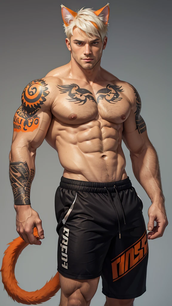 a muscular man, humanoid cat costume with ears, some orange and some white colour hair mix, short hairstyle, handsome detailed face, large breasts, sexy look, looking directly at viewer, paw tattoos on body, wearing black shorts, shirtless,