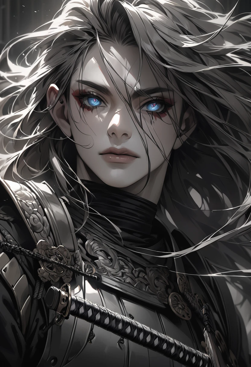 a detailed portrait of a samurai warrior, hyper realistic, highly detailed, intricate facial features, piercing eyes, flowing hair, ornate armor, katana sword, dramatic lighting, muted color palette, cinematic composition, masterpiece