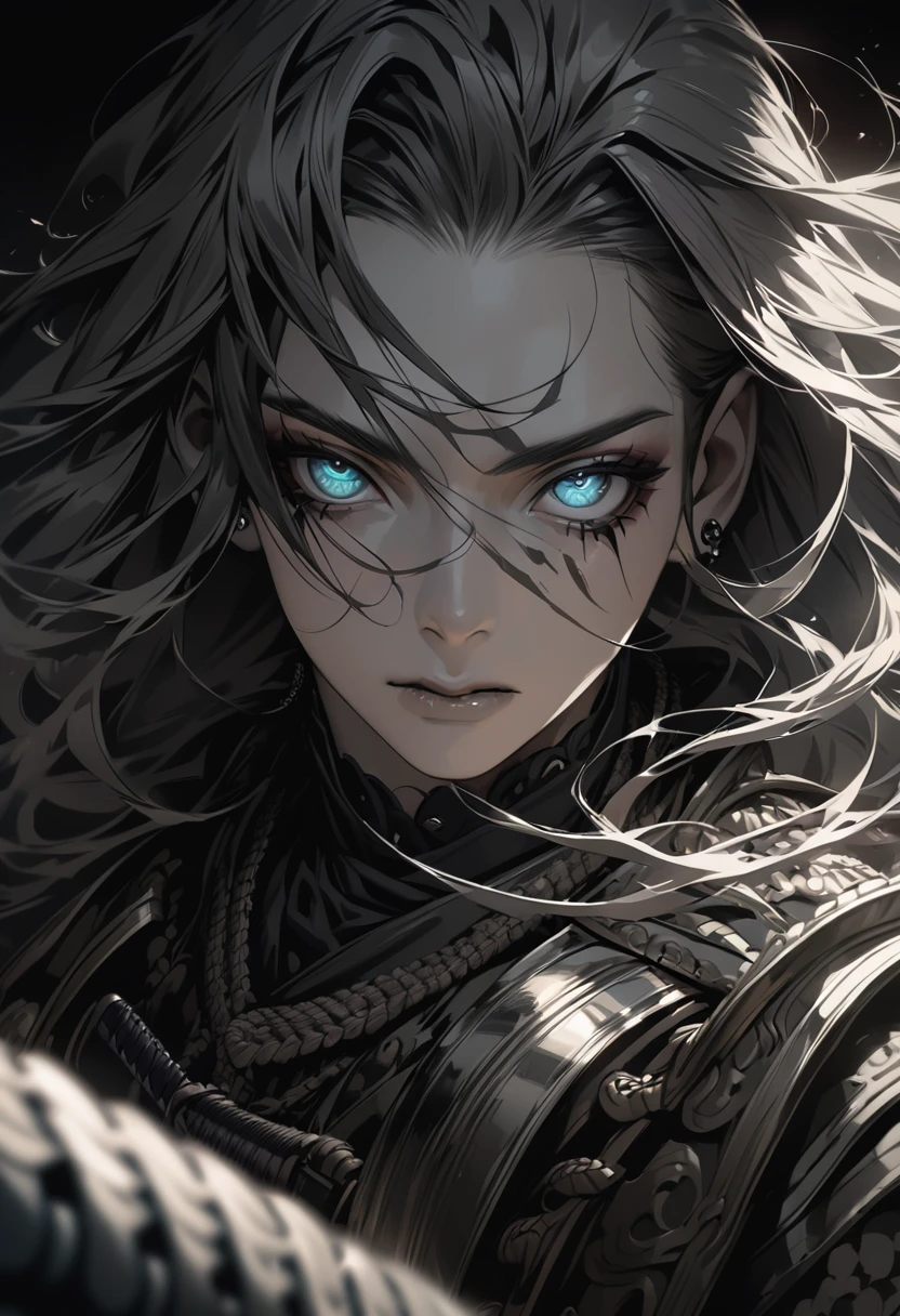 a detailed portrait of a samurai warrior, hyper realistic, highly detailed, intricate facial features, piercing eyes, flowing hair, ornate armor, katana sword, dramatic lighting, muted color palette, cinematic composition, masterpiece