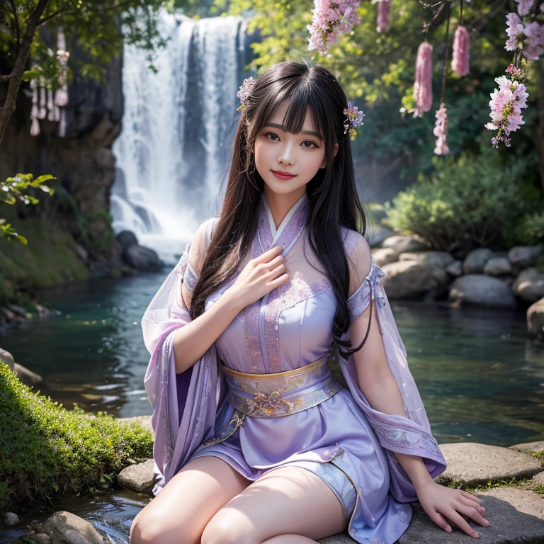 best quality, Delicate face，beautiful visual work, lifelike, eternity, black hair, Long curly hair, blunt bangs, Smile, Detailed Background, Delicate face，blush，cold，((masterpiece))、(top quality)、8k、high detail、Super detailed，31 years old female，Wearing Tang Dynasty Hanfu、waist skirt, Clothes are light and fluffy，Hanfu, wide sleeves, Transparent sleeves, Tunic, Clothes made of chiffon, Seductive and whimsical style、masterpiece、born、Scenes resembling fairy tale illustrations、Intricate details and complex designs、Beautifully、magic、capricious、 Beautifully、Dream aesthetics、「𝓡𝓸𝓶𝓪𝓷𝓽𝓲𝓬、ethereal、charming、fickle、magic」、Realism、Visual effects、FXAA、SSAO、Shaders、voiceless、ambient lighting、Tone mapping、High resolution、Ultra high quality、Million pixels、(8K resolution:1.10)、8k、Below 8K、8K resolution、high detail、intricate details， (high quality:1.2、masterpiece:1.2、:1.21)、(31 years old female:1.21)、(Smile excitedly)、(Surrounded by a dream-like atmosphere、Model diagram，full-body shot，Normal 2 feet，Put your hands behind you，The protrusion of the breast is visible when wearing clothes, Large Breasts, H cup chest, antiquity, Xian Xia, gauze clothes, Soft and fluttering, Fairy, dream, fantasy, light, elegant, nature, Immortal, romantic, classical, ribbon, light purple clothes, By the stream